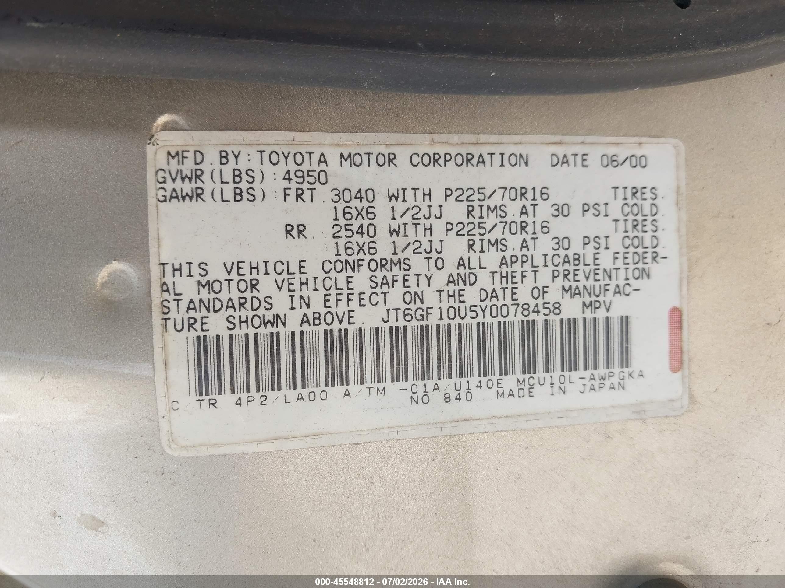 2000 Lexus Rx 300 Tan vin: JT6GF10U5Y0078458