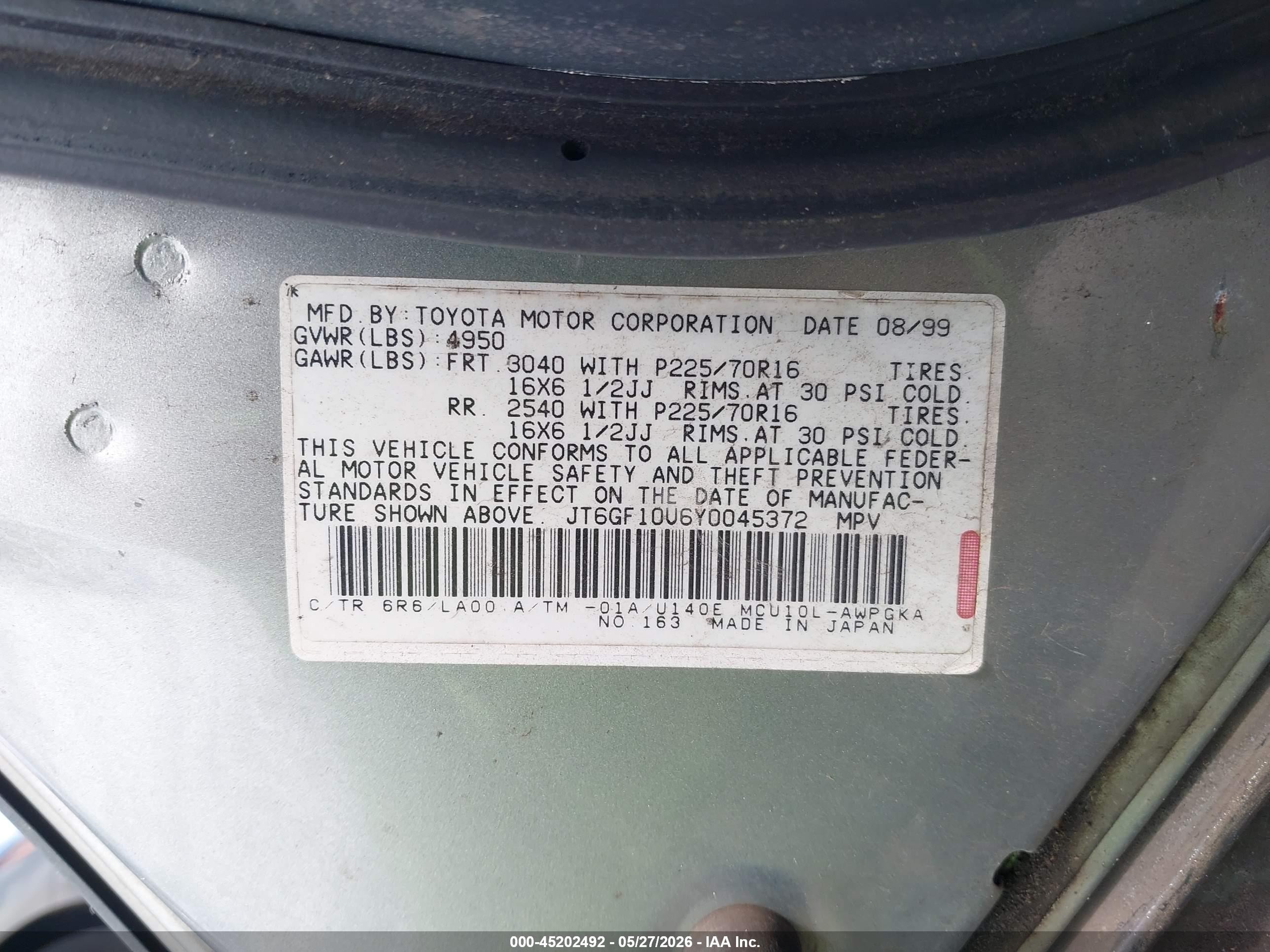 2000 Lexus Rx 300   Silver vin: JT6GF10U6Y0045372