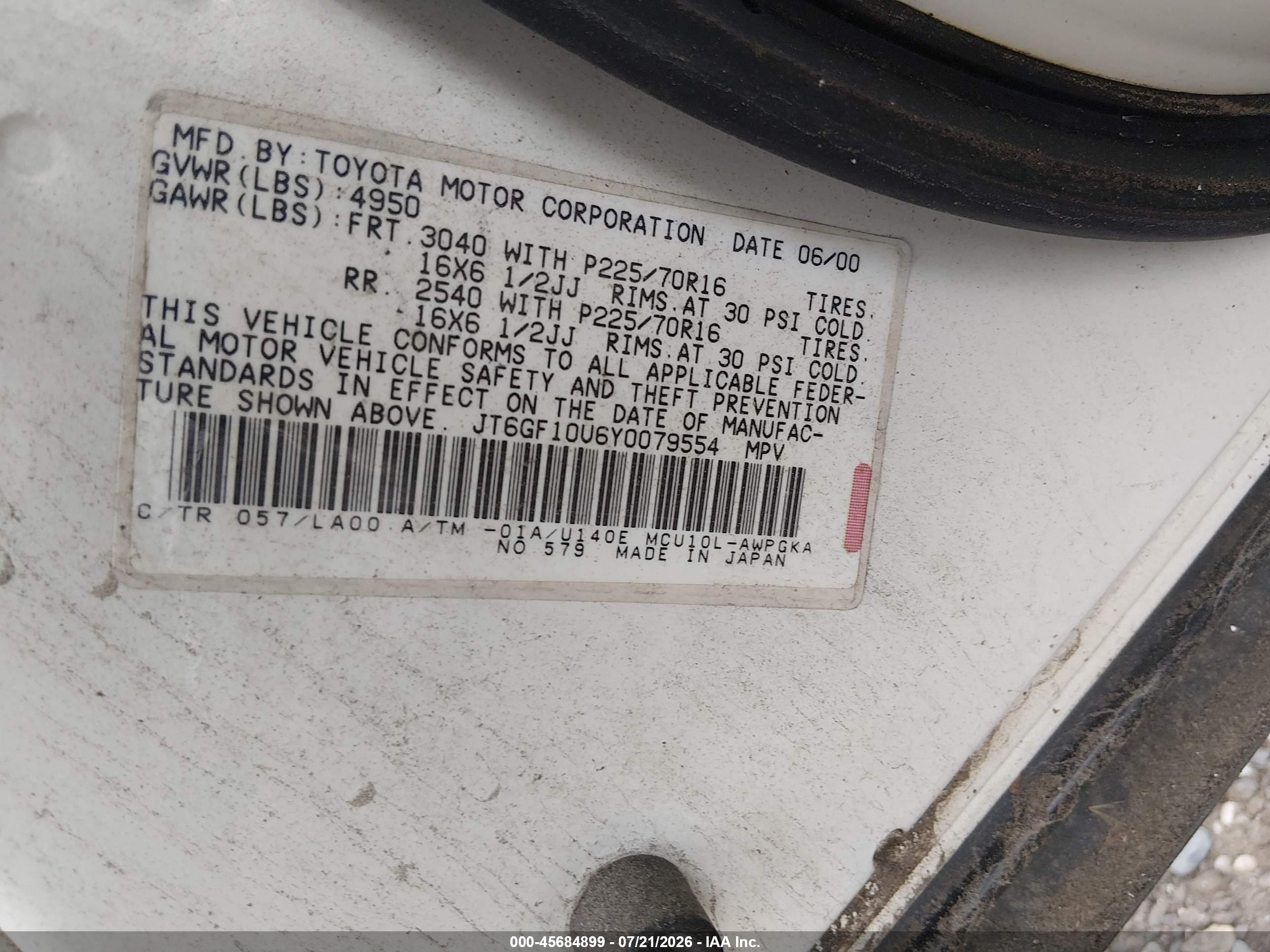 2000 Lexus Rx 300   White vin: JT6GF10U6Y0079554