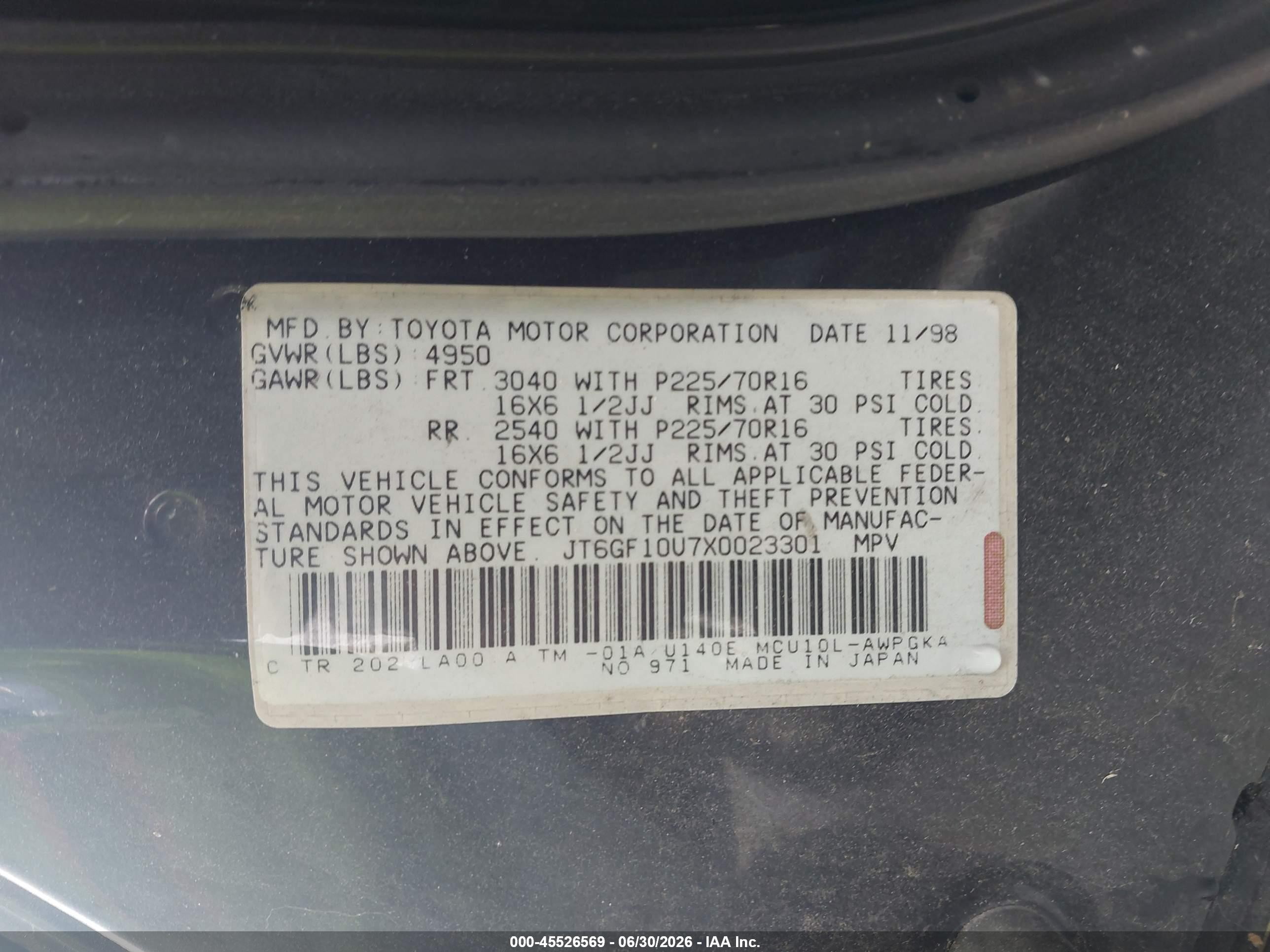 1999 Lexus Rx 300   Black vin: JT6GF10U7X0023301