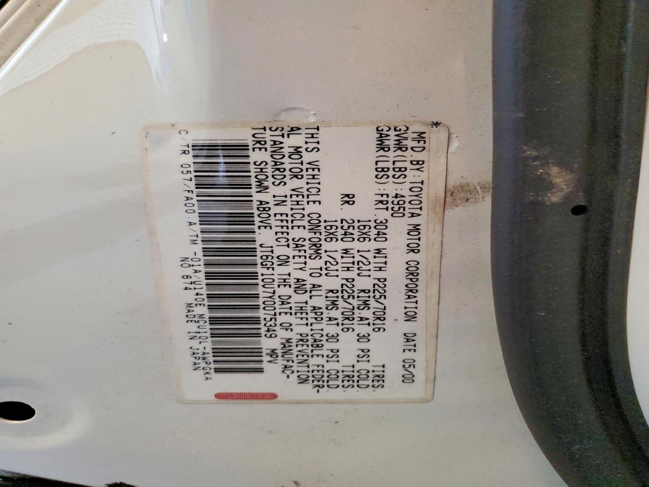 2000 Lexus Rx 300 White vin: JT6GF10U7Y0075349