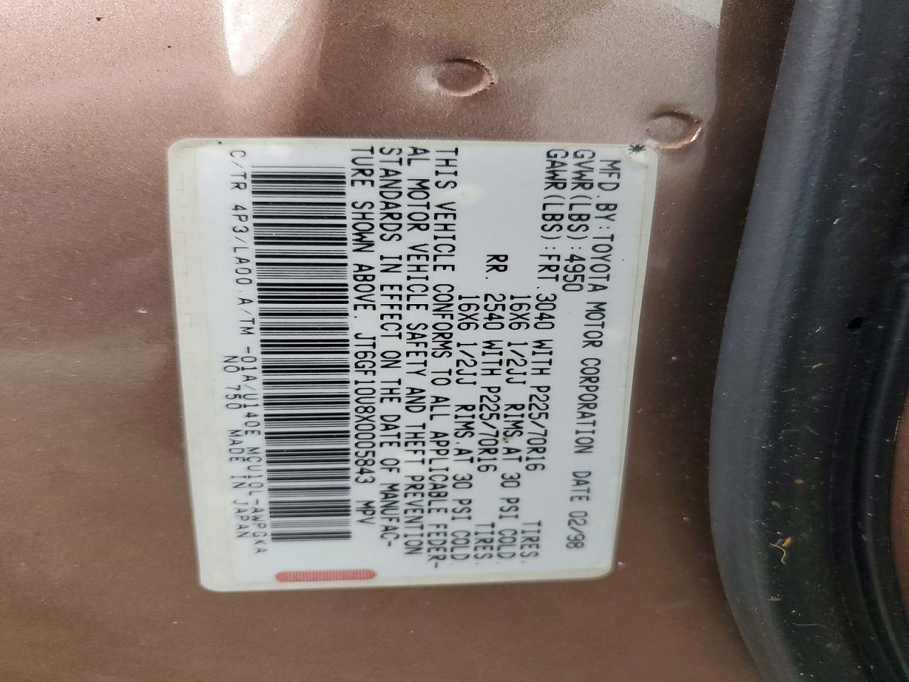 1999 Lexus Rx 300 Base Золотой vin: JT6GF10U8X0005843