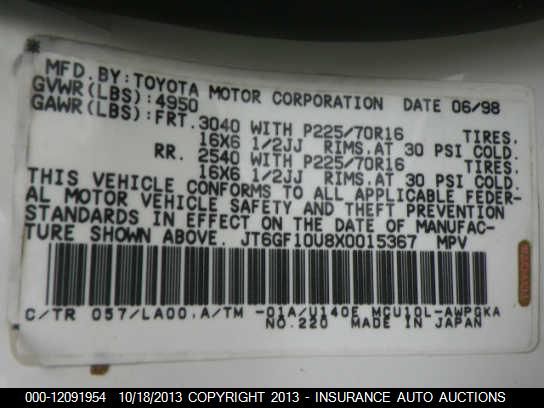 1999 Lexus Rx 300 Fwd vin: JT6GF10U8X0015367