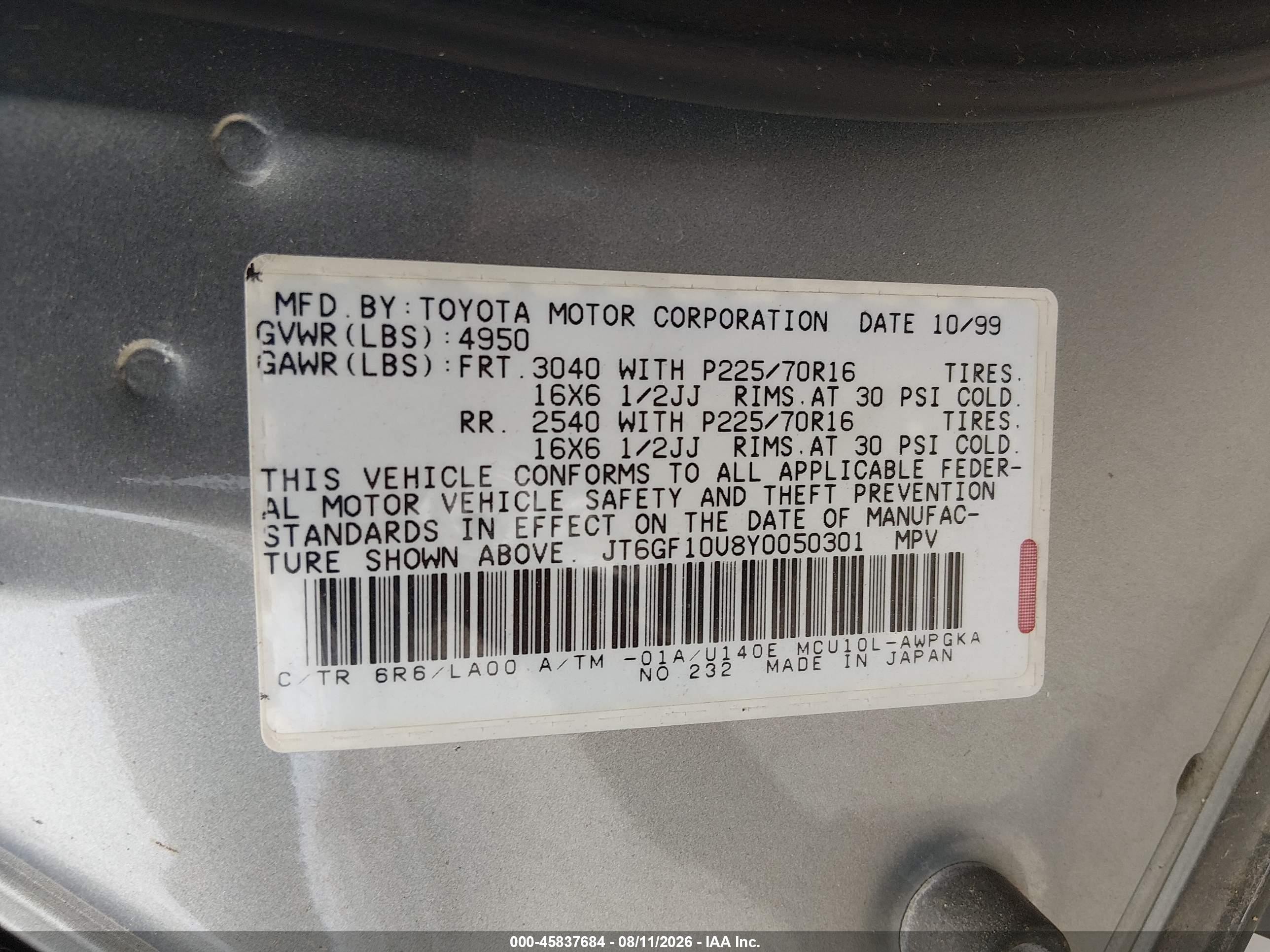 2000 Lexus Rx 300 Gray vin: JT6GF10U8Y0050301