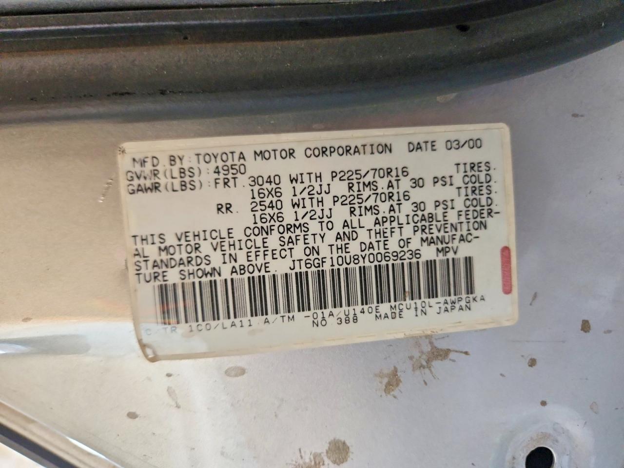 2000 Lexus Rx 300 Gray vin: JT6GF10U8Y0069236