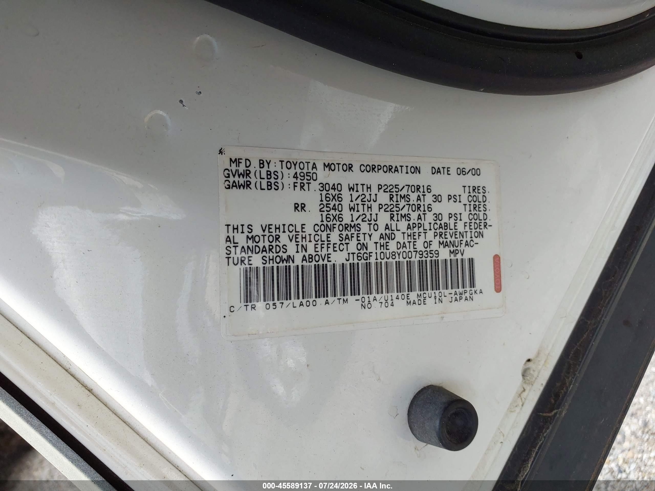 2000 Lexus Rx 300   White vin: JT6GF10U8Y0079359