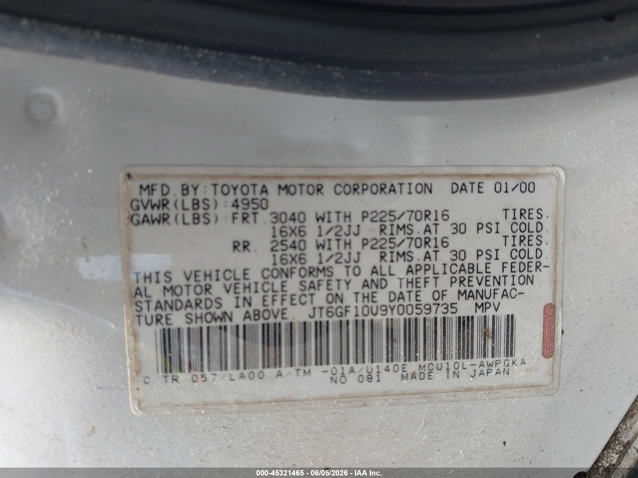 2000 Lexus Rx 300 White vin: JT6GF10U9Y0059735