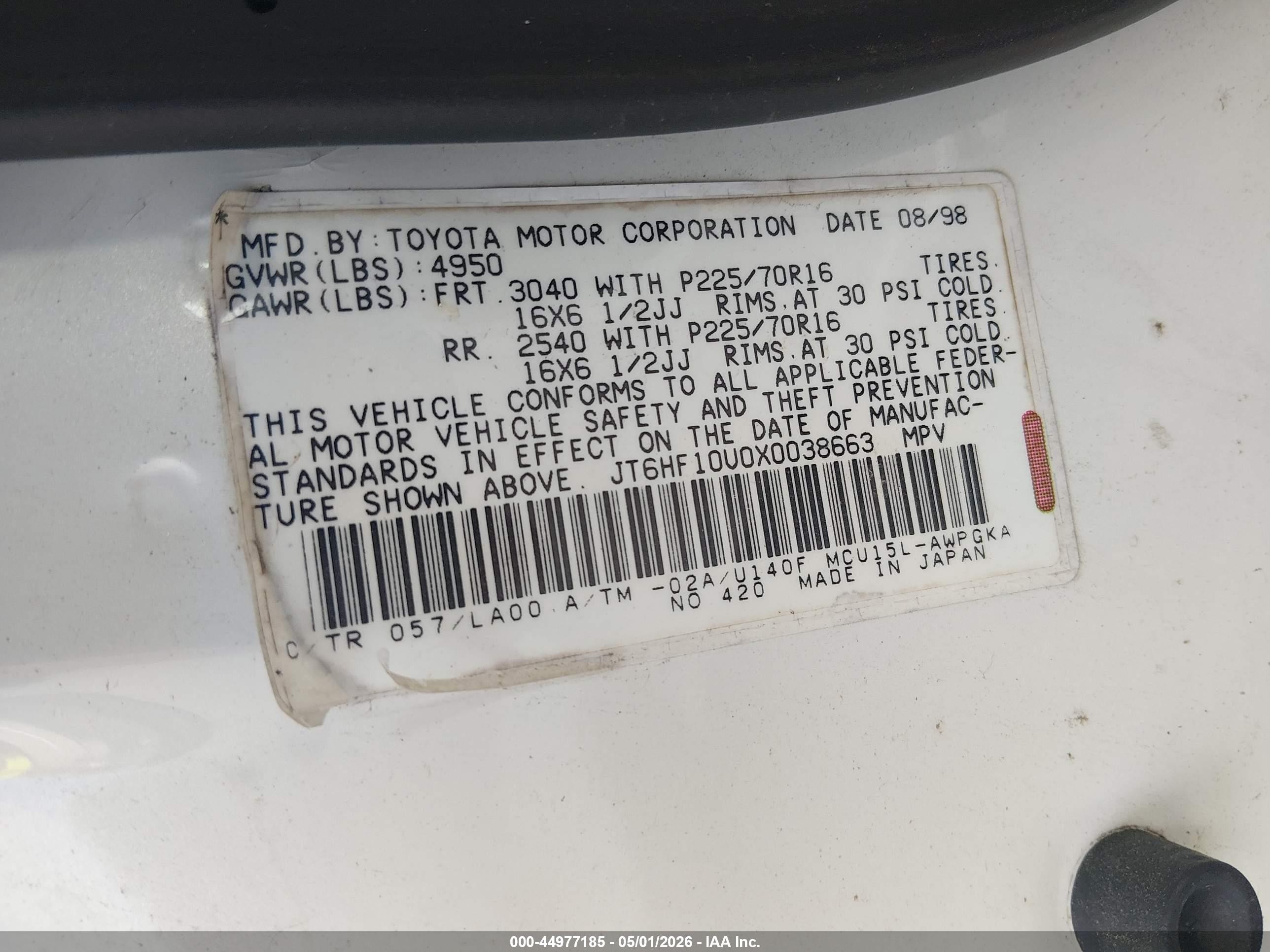 1999 Lexus Rx 300 White vin: JT6HF10U0X0038663