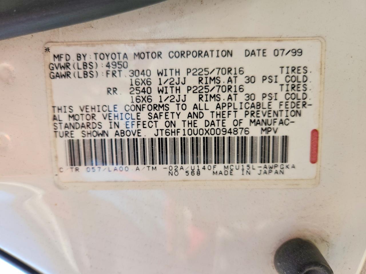 1999 Lexus Rx 300 White vin: JT6HF10U0X0094876