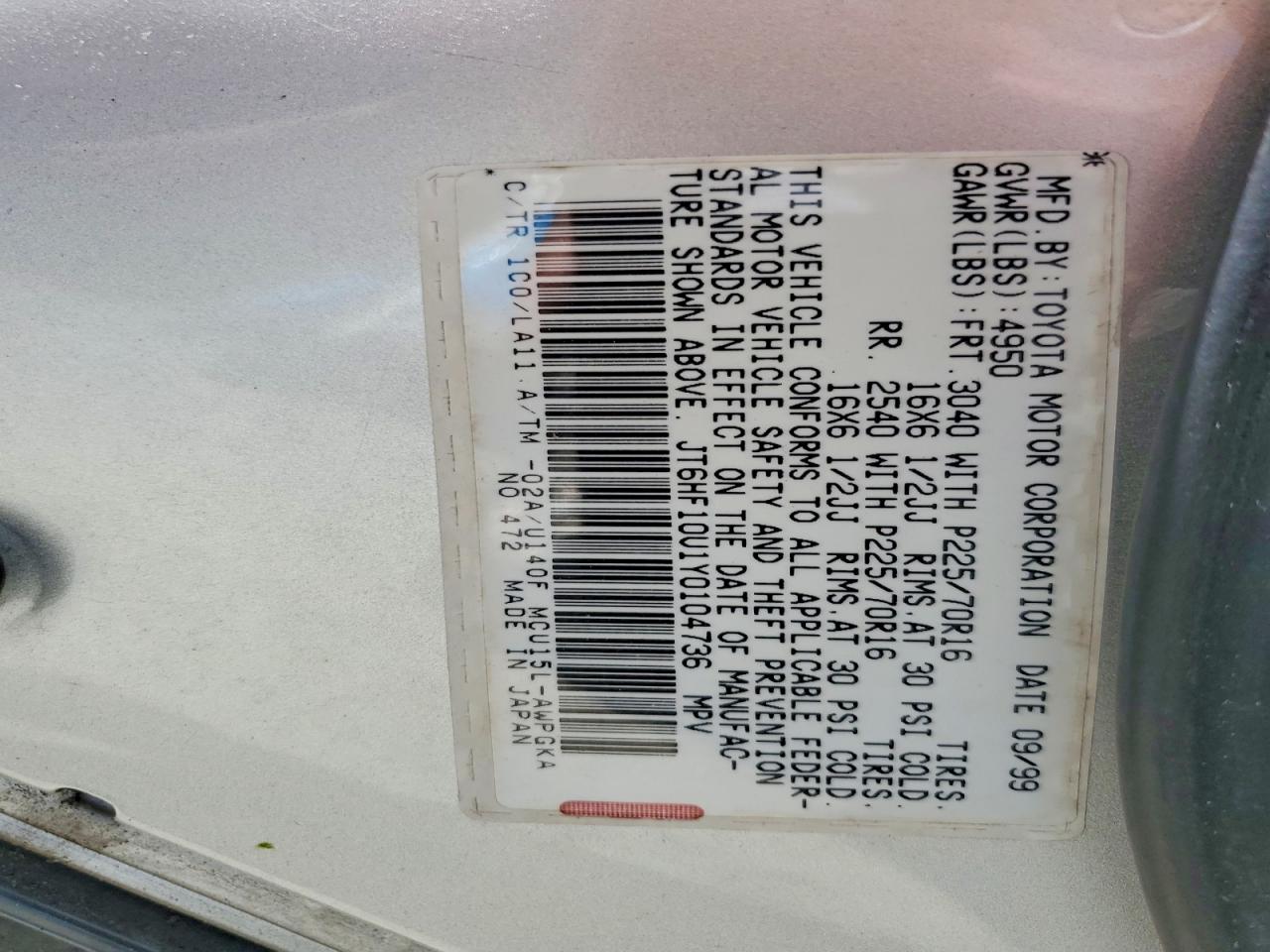 2000 Lexus Rx 300 Silver vin: JT6HF10U1Y0104736