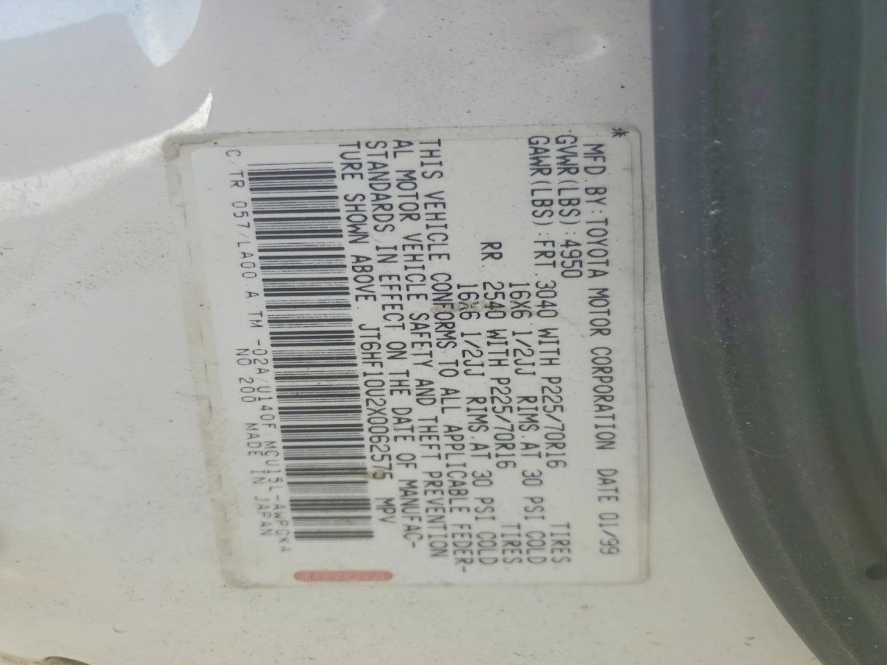 1999 Lexus Rx 300 Base White vin: JT6HF10U2X0062575