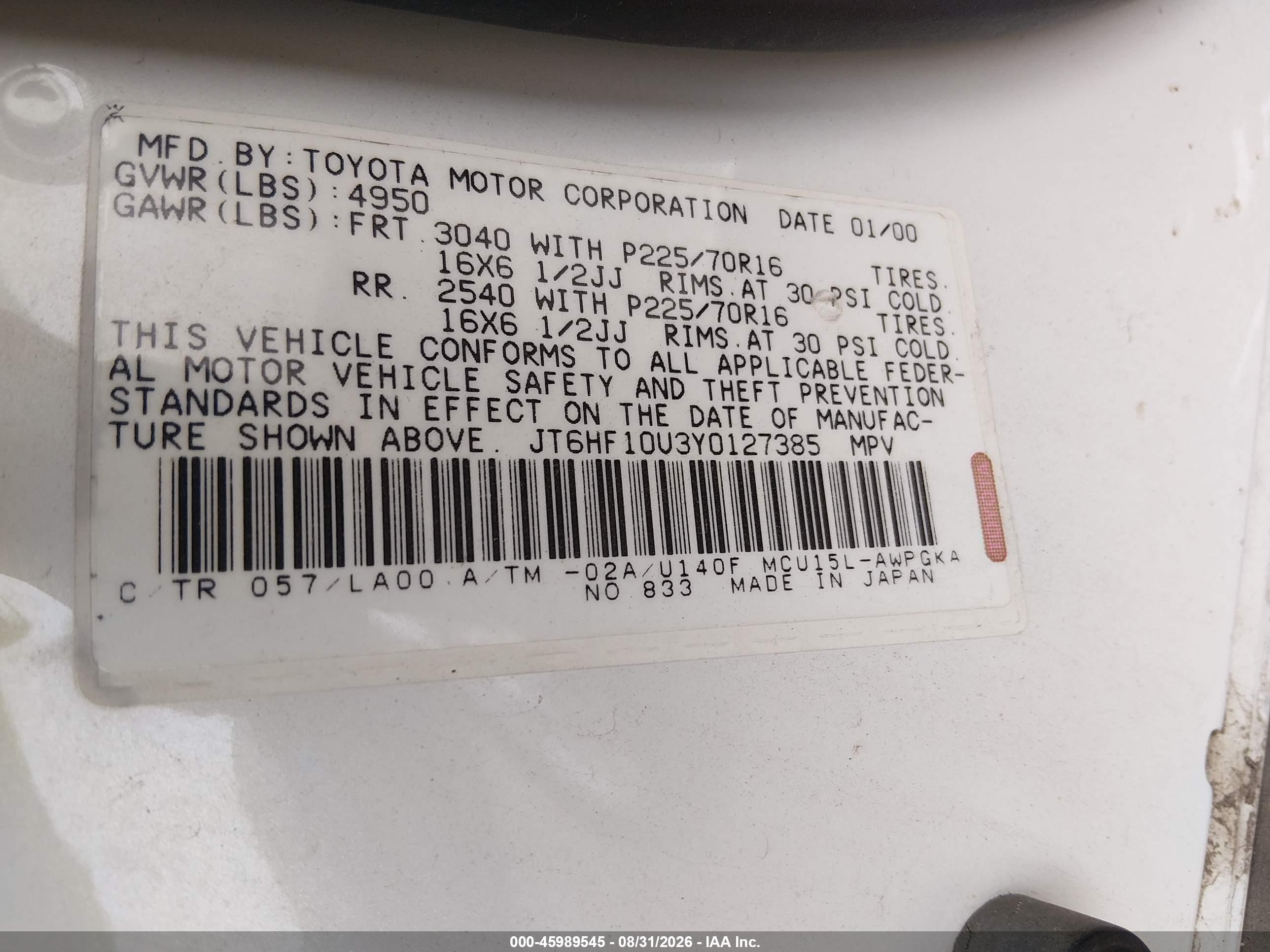 2000 Lexus Rx 300   Белый vin: JT6HF10U3Y0127385