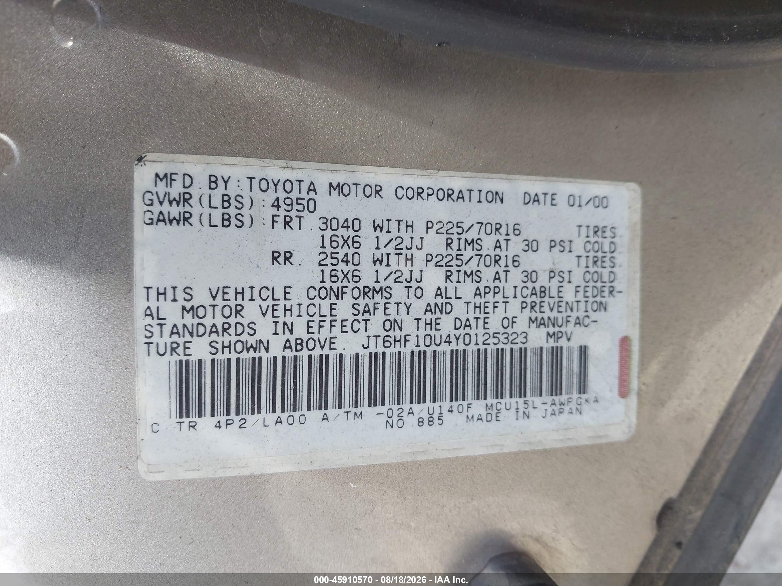 2000 Lexus Rx 300   Gold vin: JT6HF10U4Y0125323