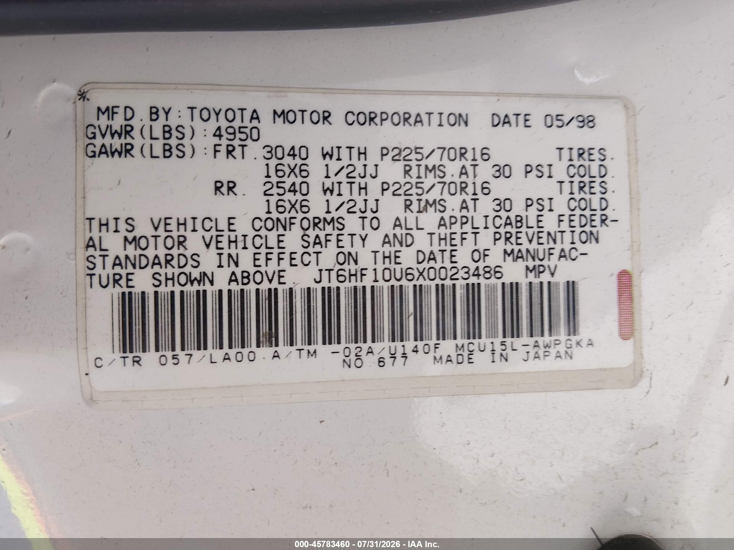 1999 Lexus Rx 300   White vin: JT6HF10U6X0023486