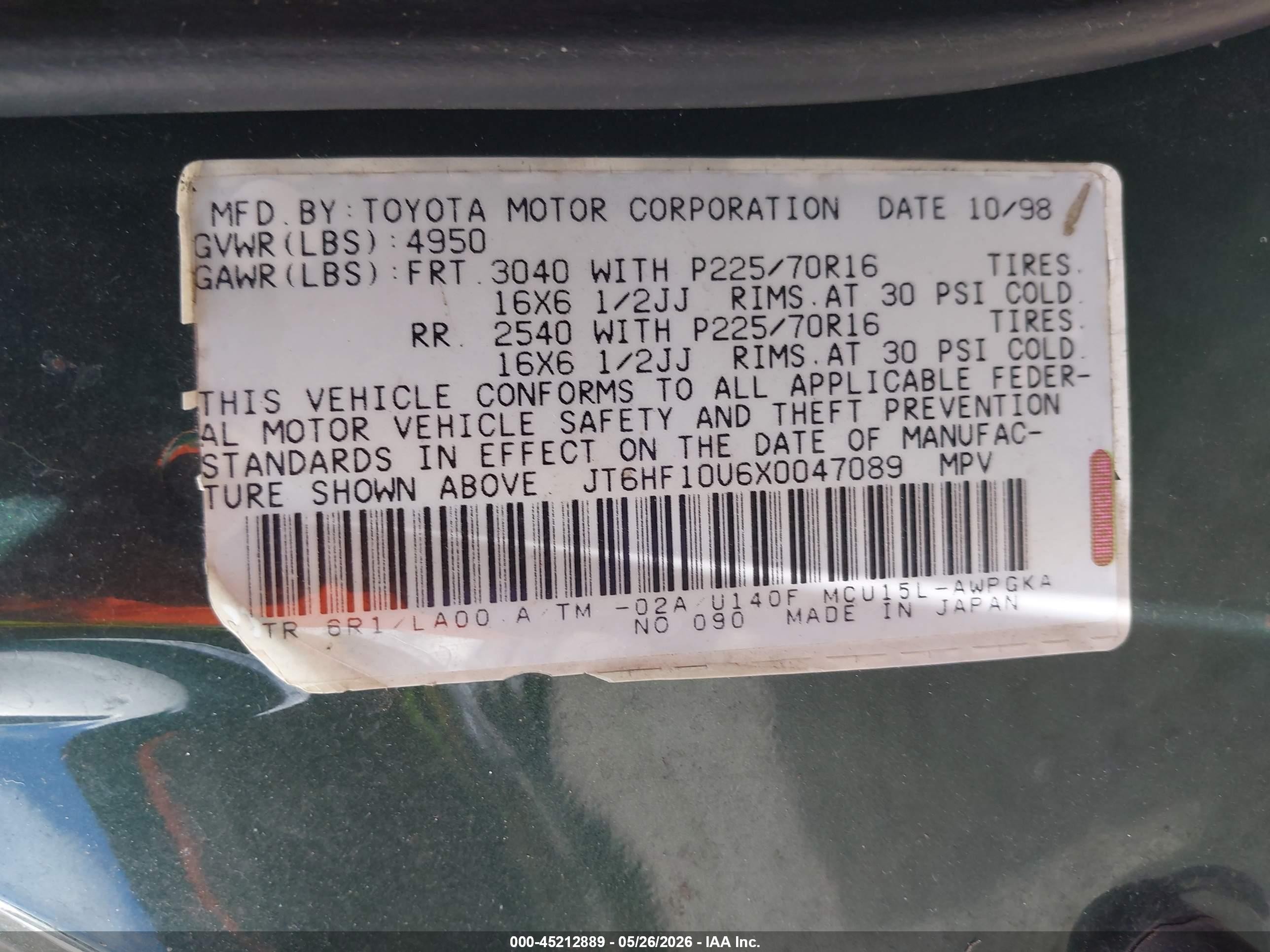 1999 Lexus Rx 300   Green vin: JT6HF10U6X0047089