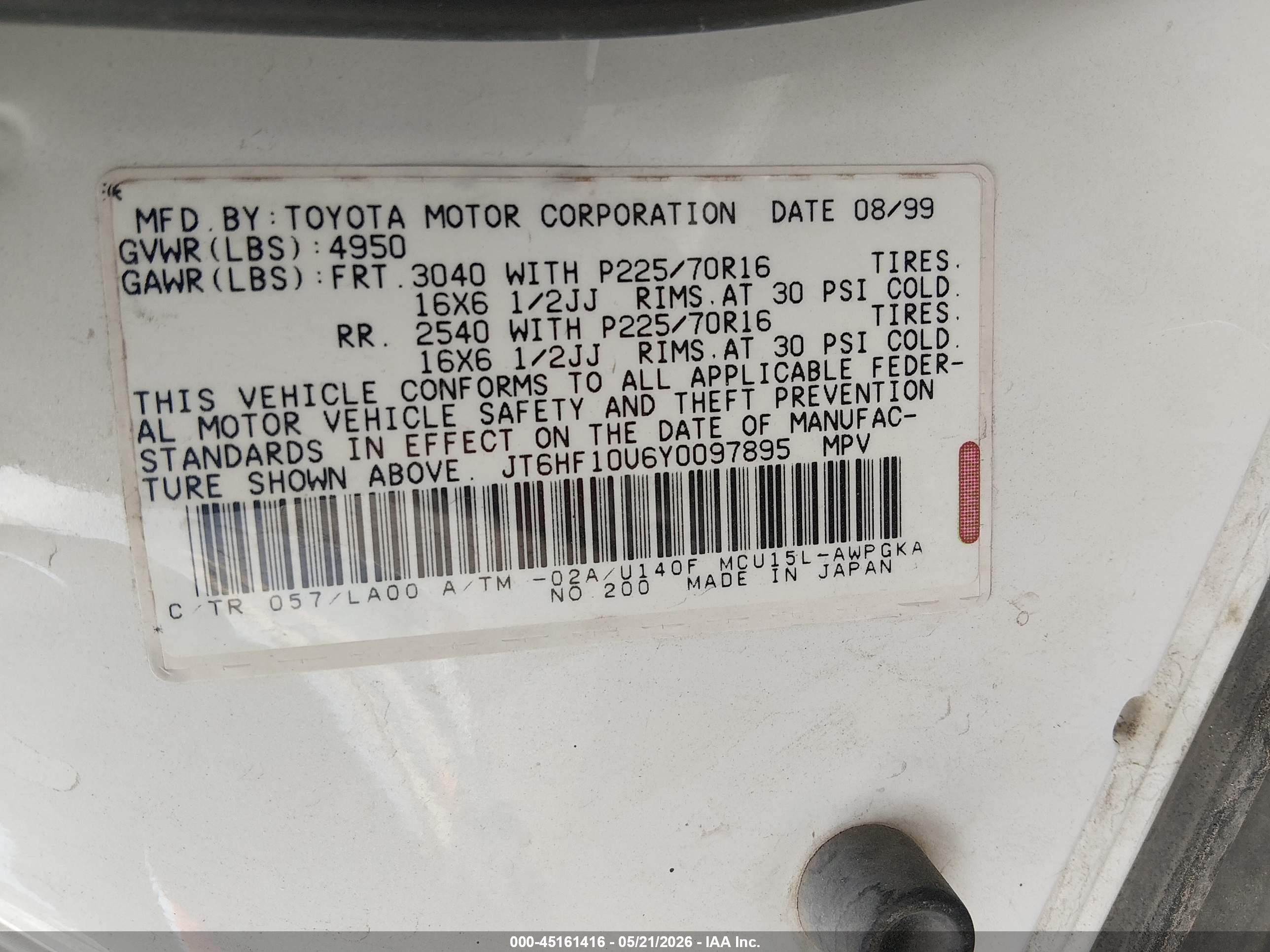 2000 Lexus Rx 300 White vin: JT6HF10U6Y0097895