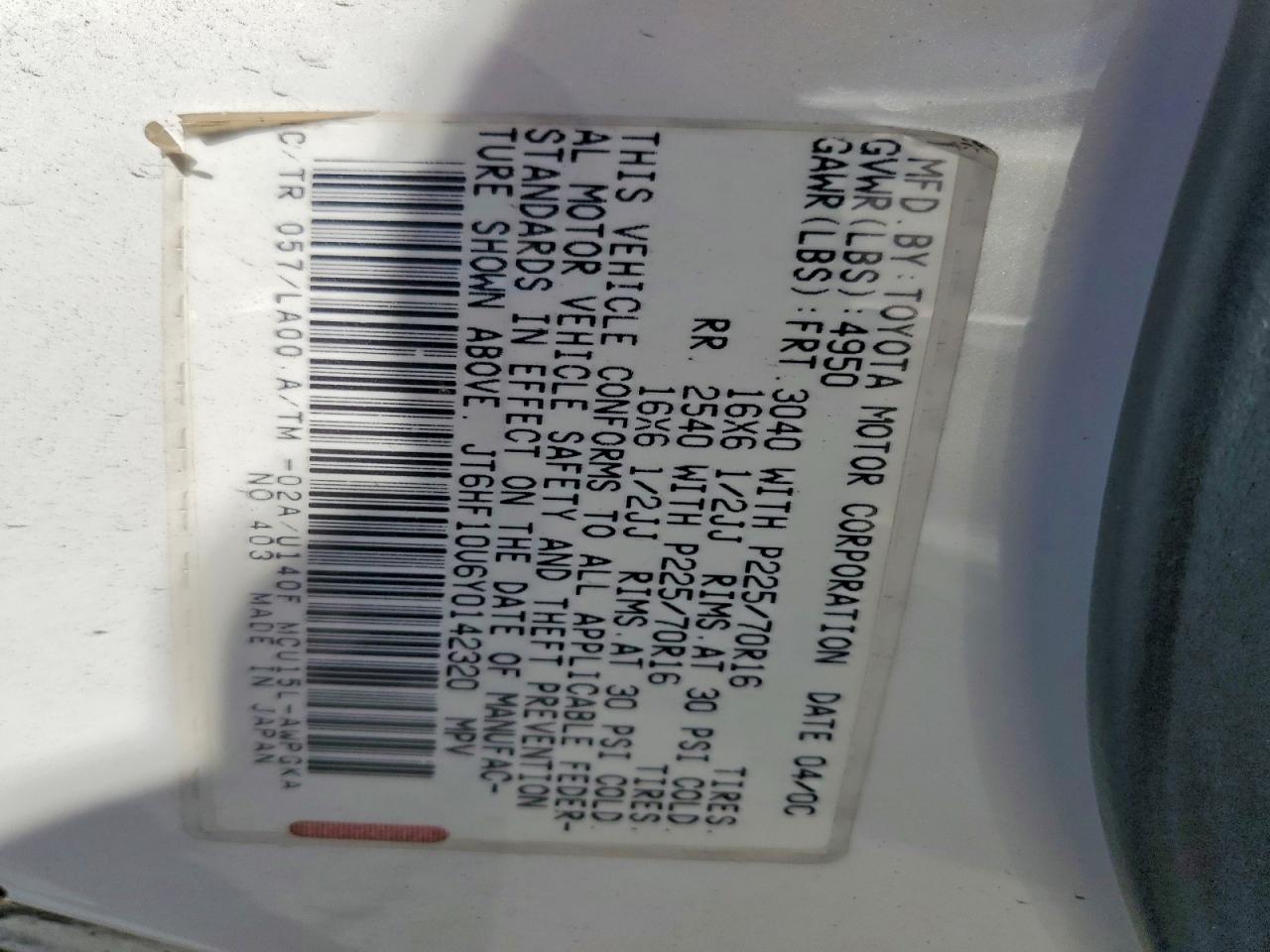 2000 Lexus Rx 300 White vin: JT6HF10U6Y0142320