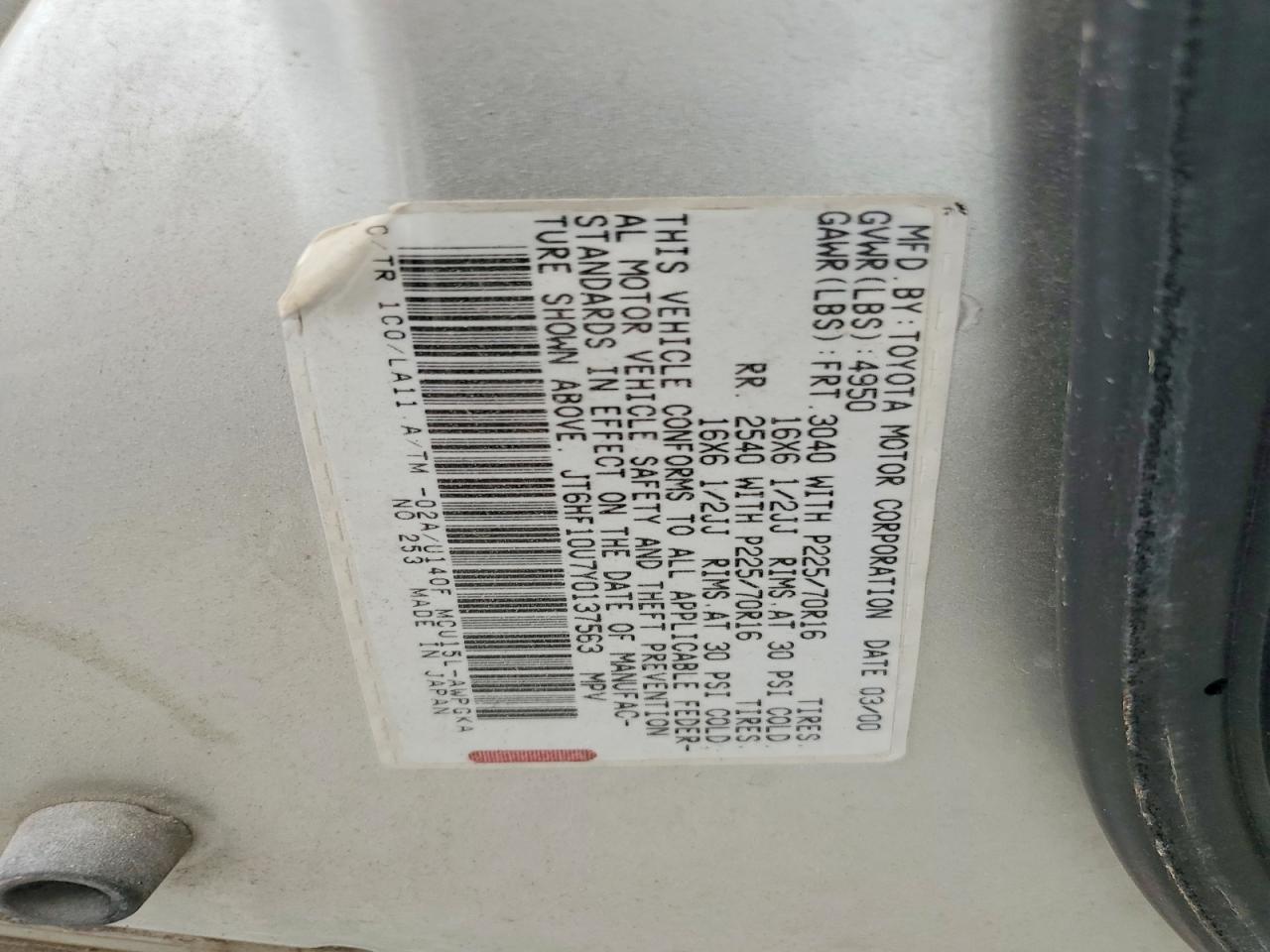 2000 Lexus Rx 300 Silver vin: JT6HF10U7Y0137563