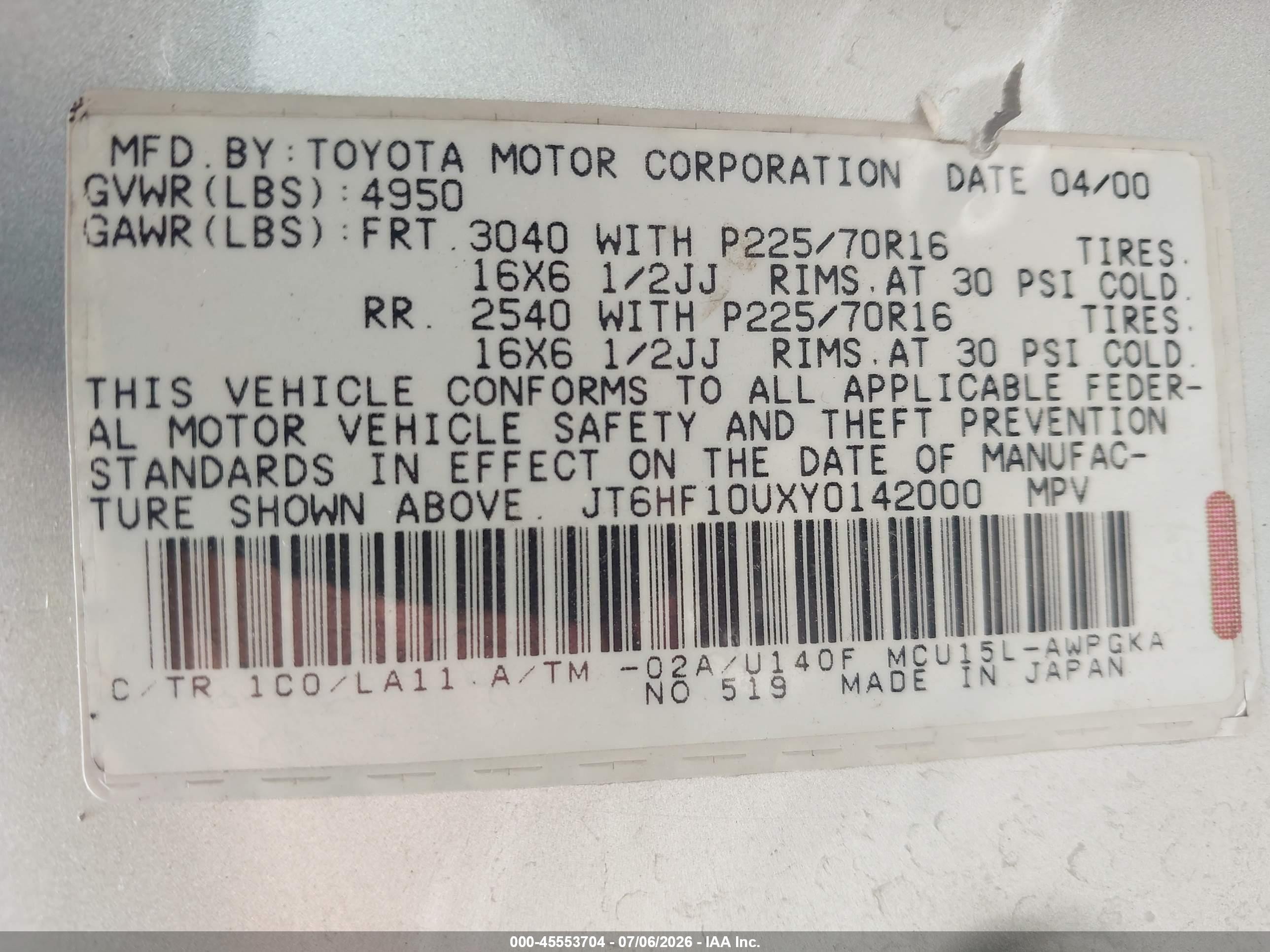 2000 Lexus Rx 300   Gray vin: JT6HF10UXY0142000
