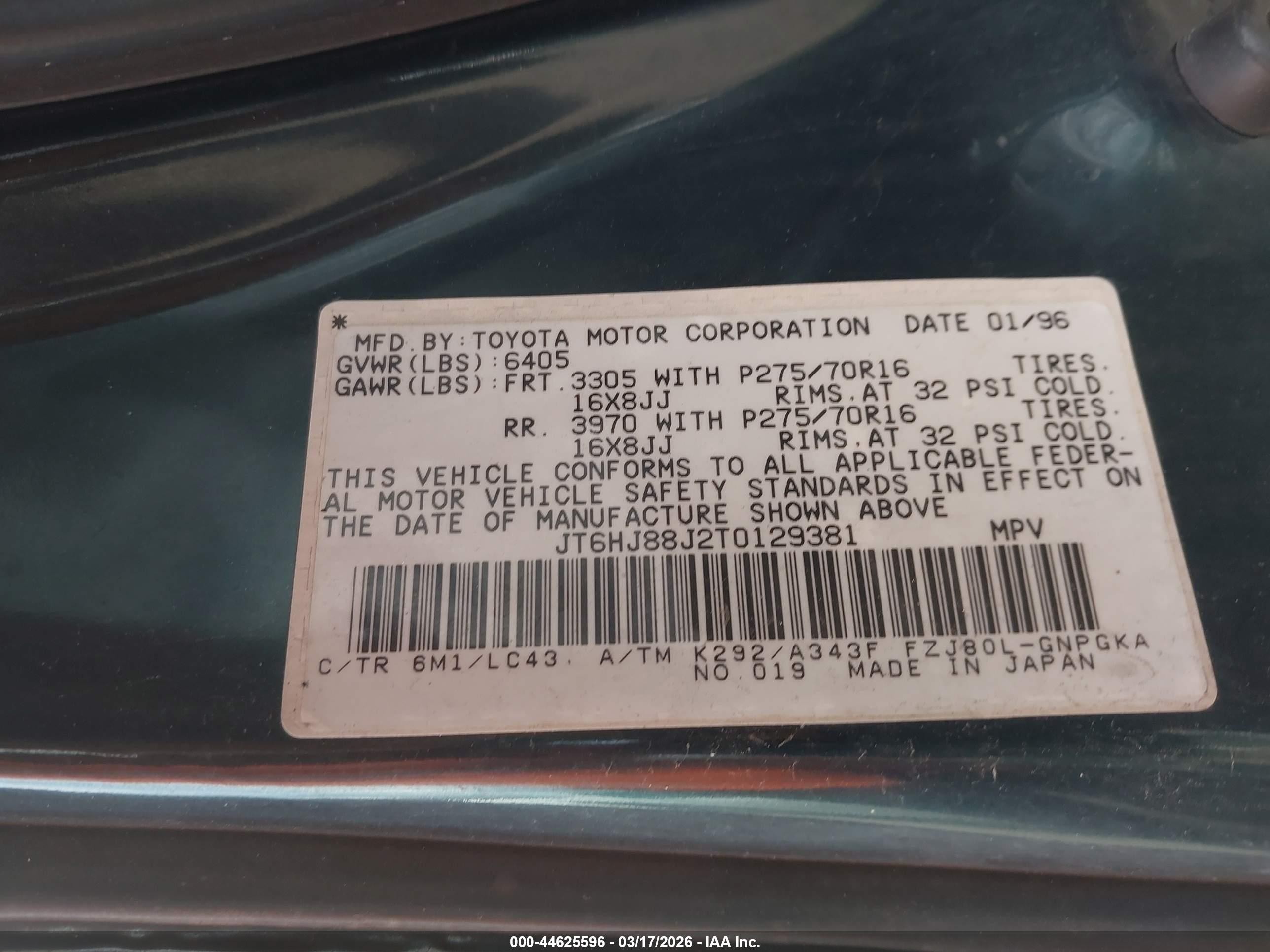 1996 Lexus Lx 450 Green vin: JT6HJ88J2T0129381