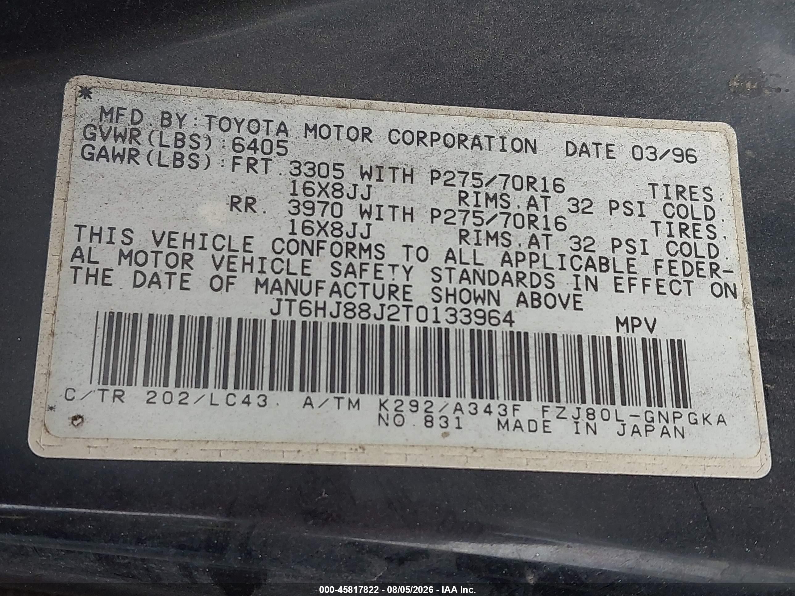 1996 Lexus Lx 450 Black vin: JT6HJ88J2T0133964