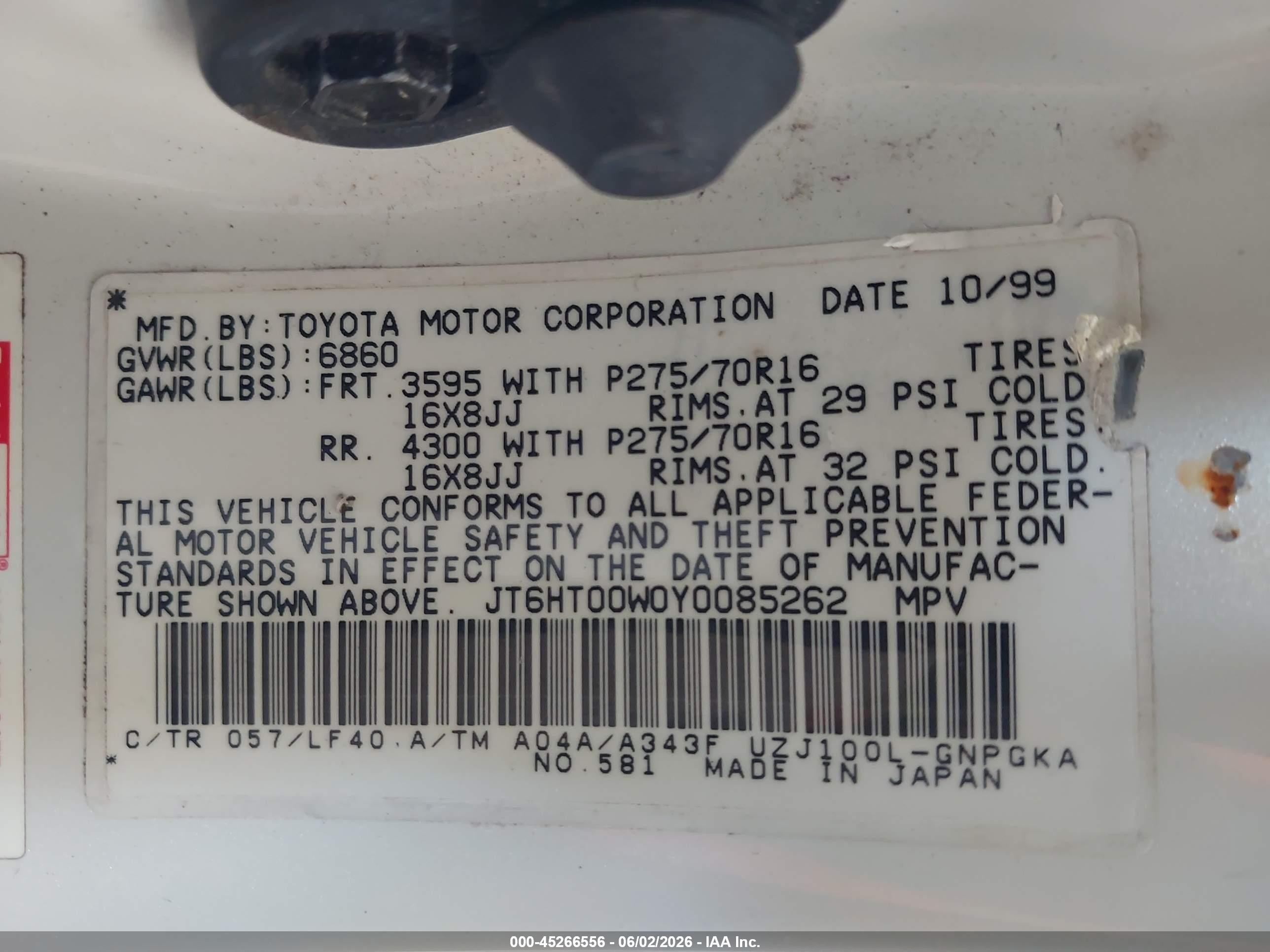 2000 Lexus Lx 470   White vin: JT6HT00W0Y0085262
