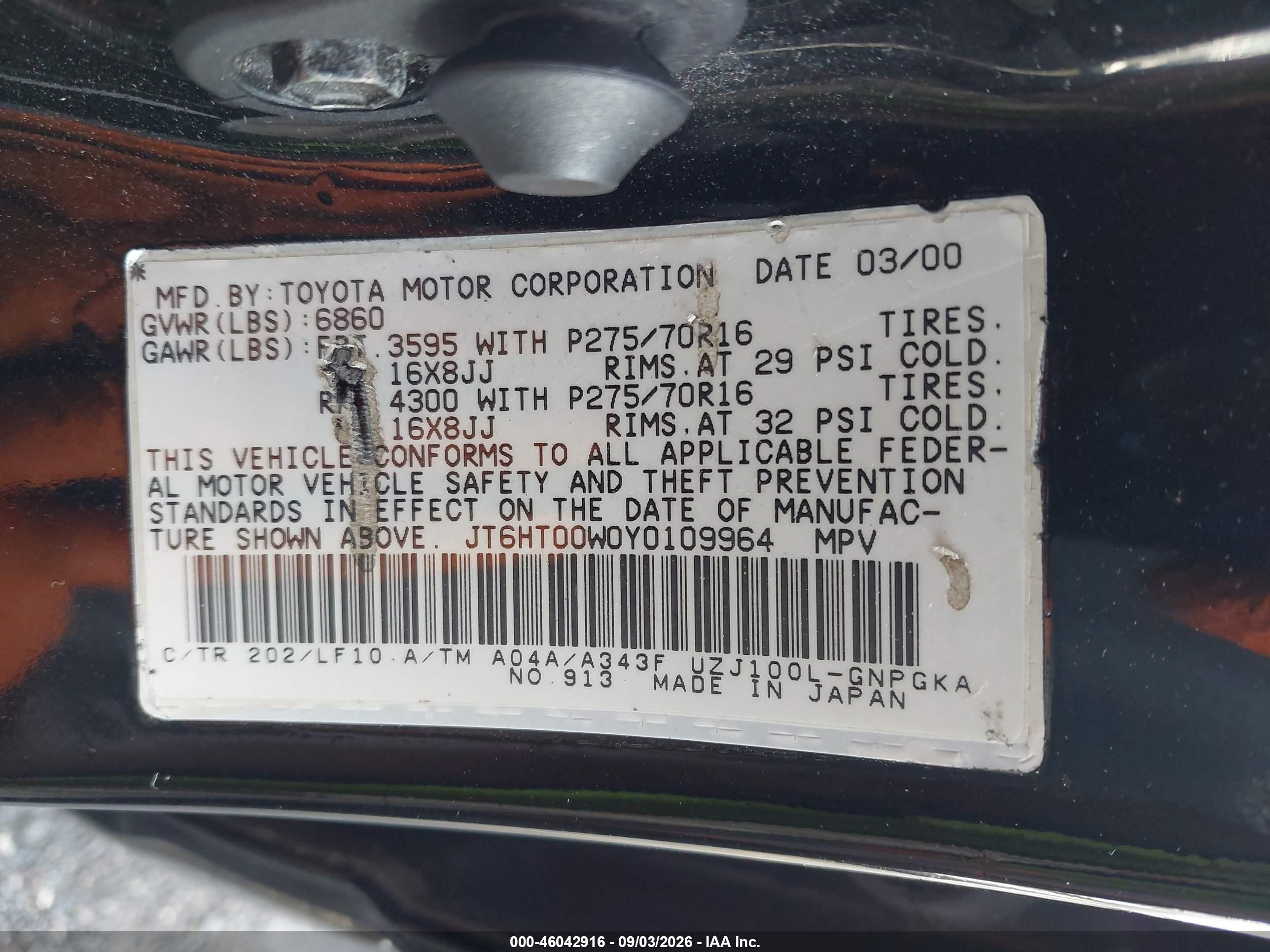 2000 Lexus Lx 470   Black vin: JT6HT00W0Y0109964