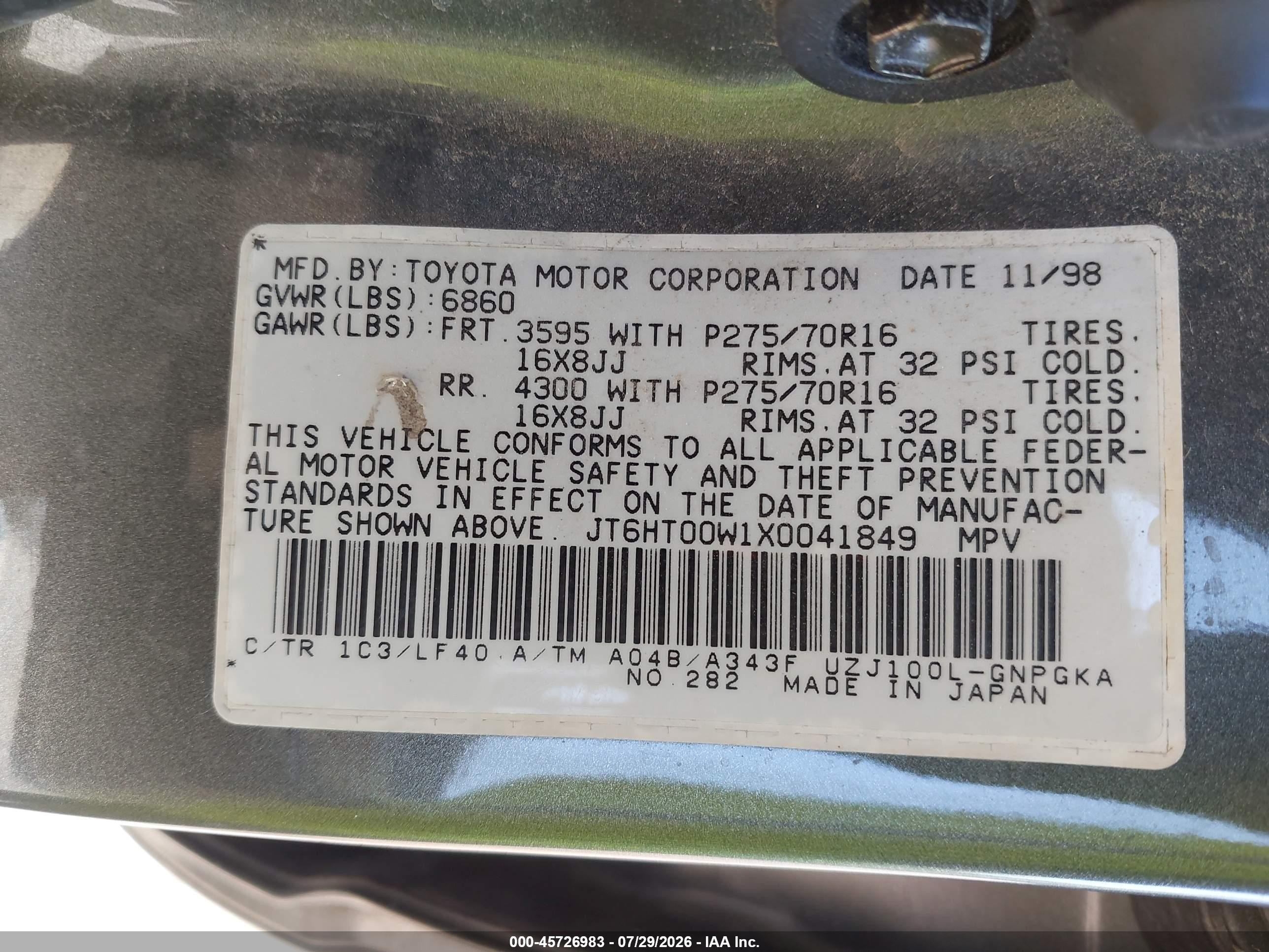 1999 Lexus Lx 470   Gray vin: JT6HT00W1X0041849