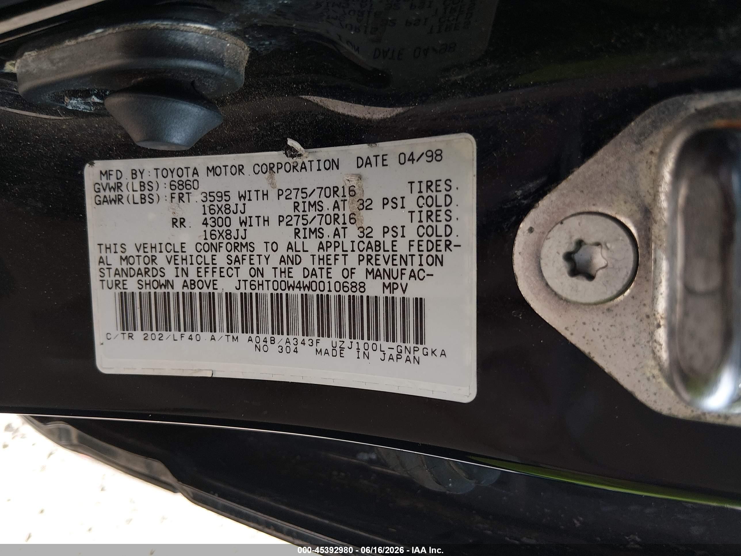 1998 Lexus Lx 470   Черный vin: JT6HT00W4W0010688