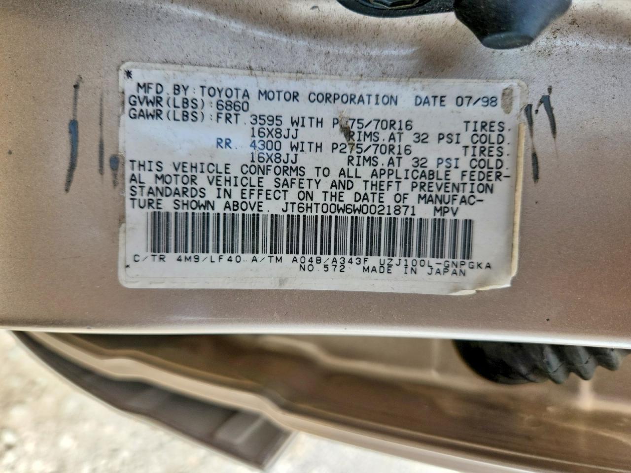1998 Lexus Lx 470 Gold vin: JT6HT00W6W0021871
