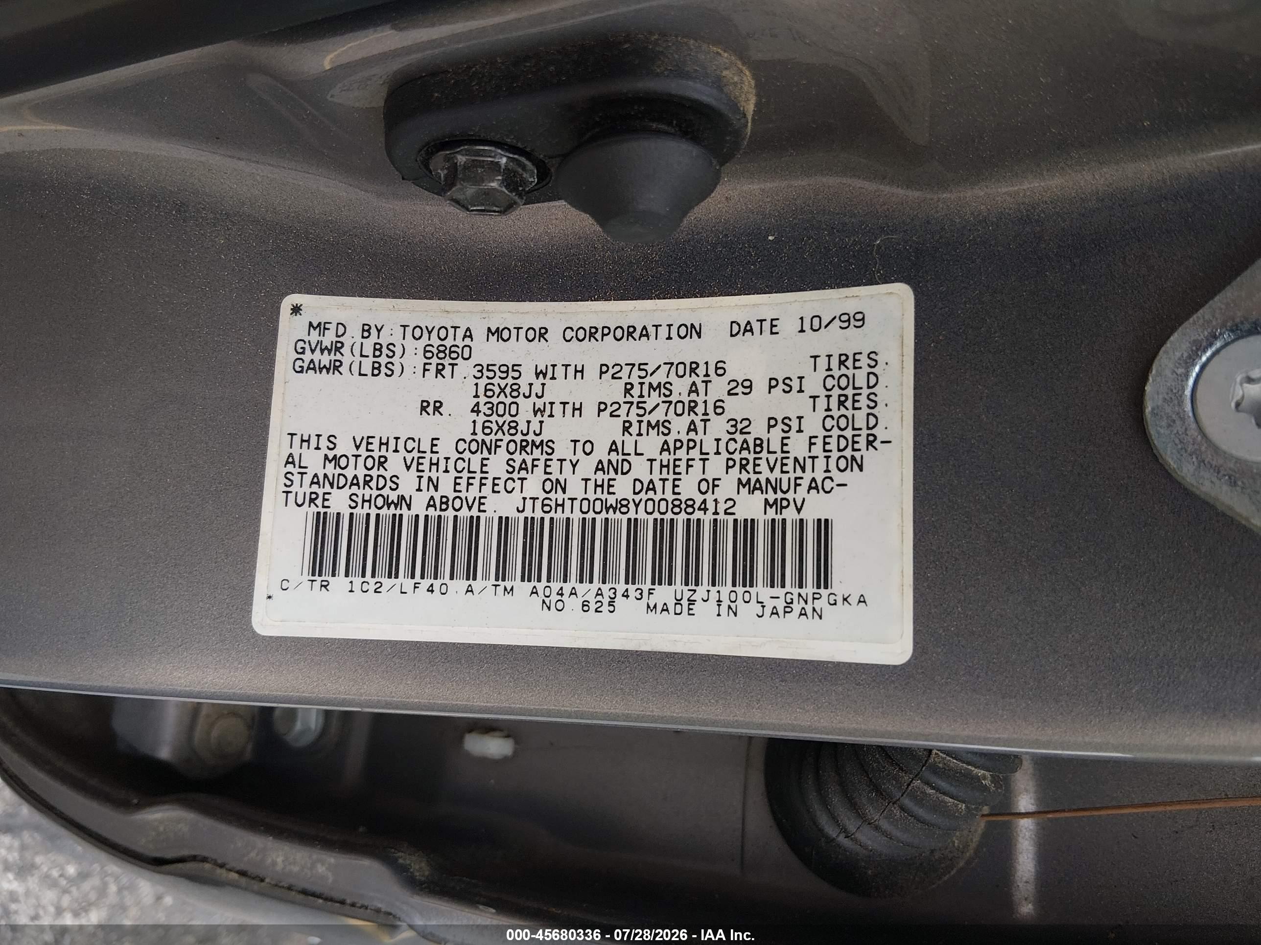 2000 Lexus Lx 470   Gray vin: JT6HT00W8Y0088412