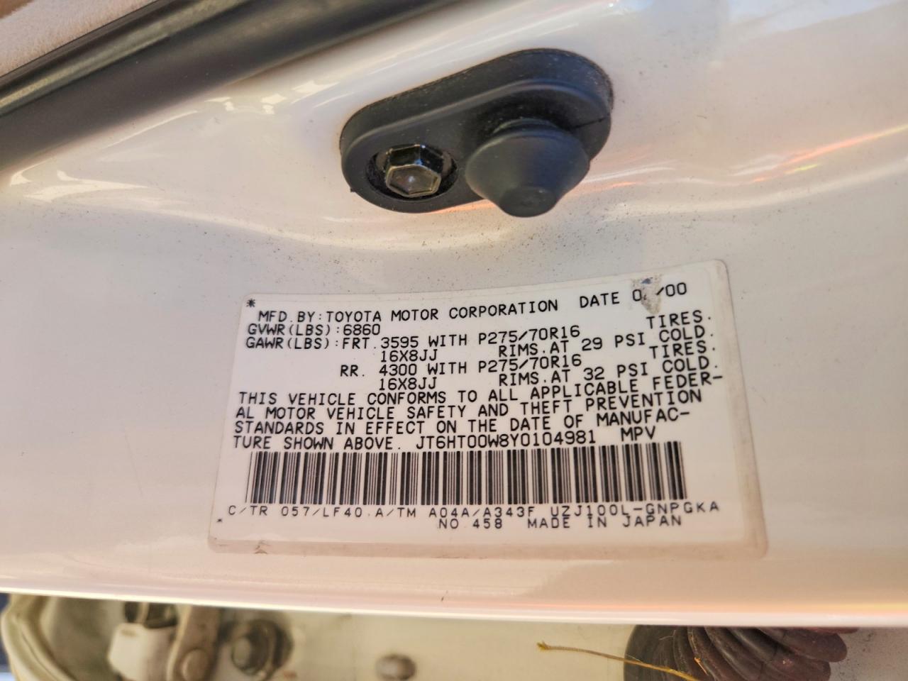 2000 Lexus Lx 470 White vin: JT6HT00W8Y0104981