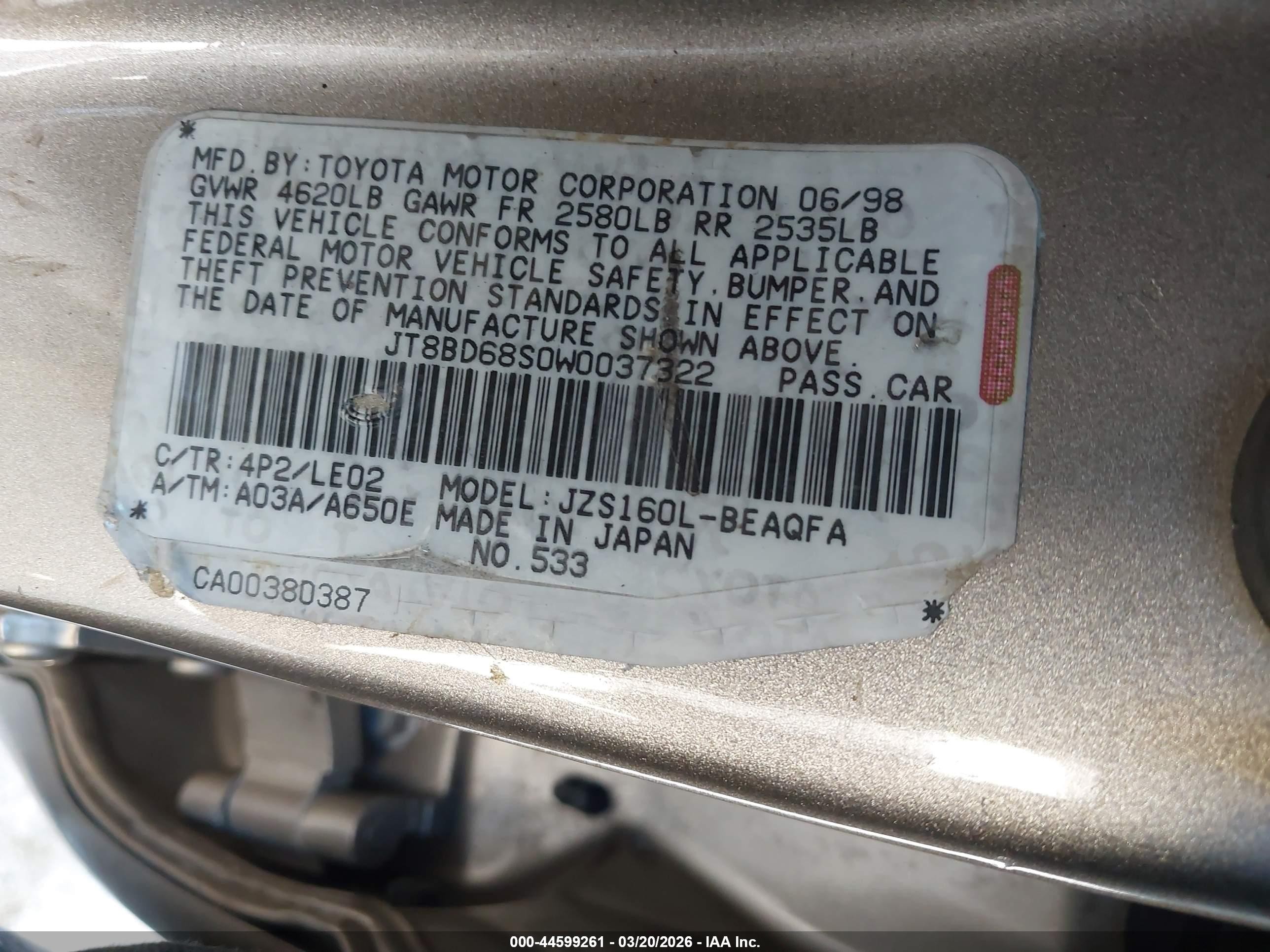 1998 Lexus Gs 300   Beige vin: JT8BD68S0W0037322