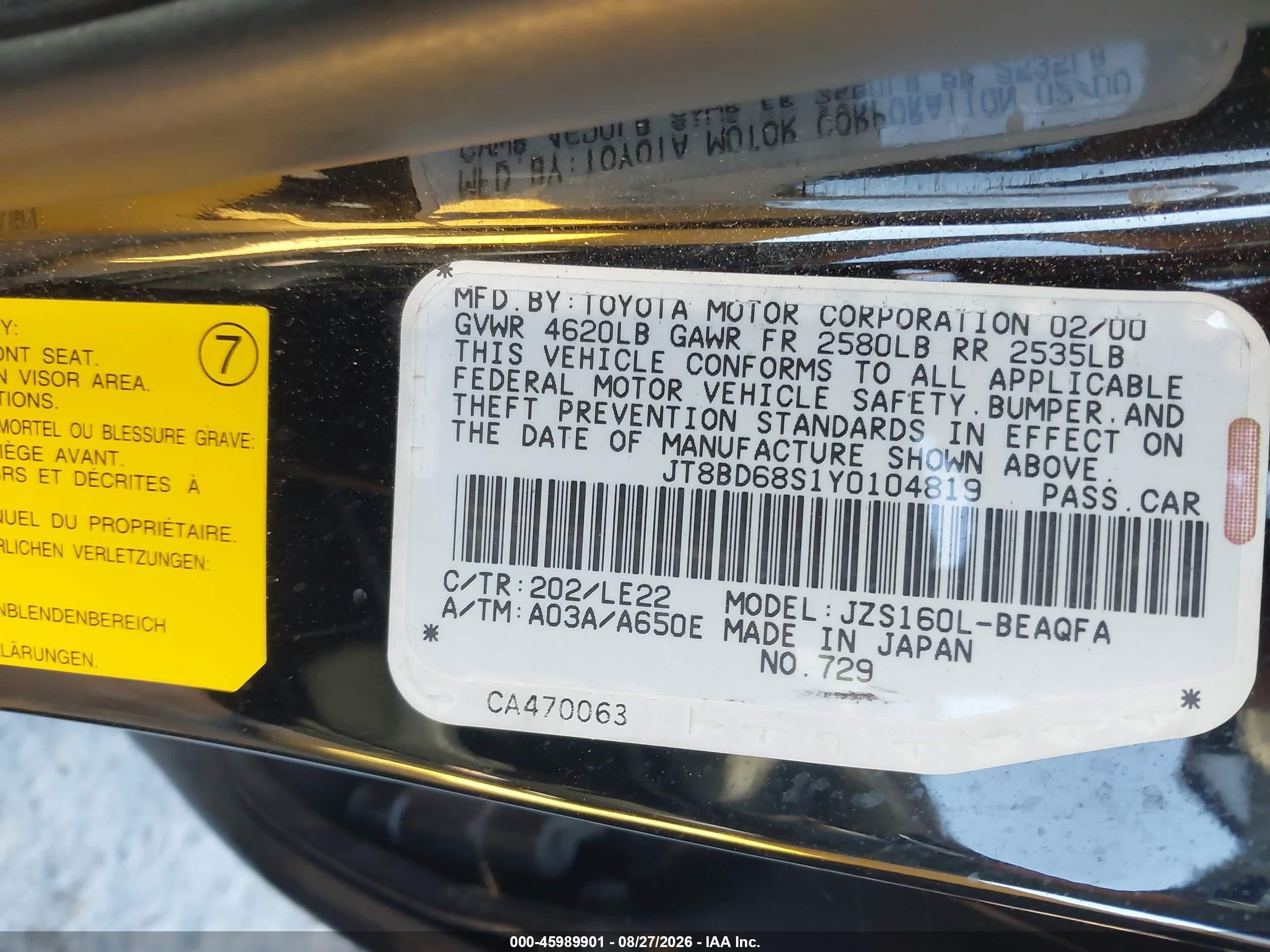 2000 Lexus Gs 300 Black vin: JT8BD68S1Y0104819