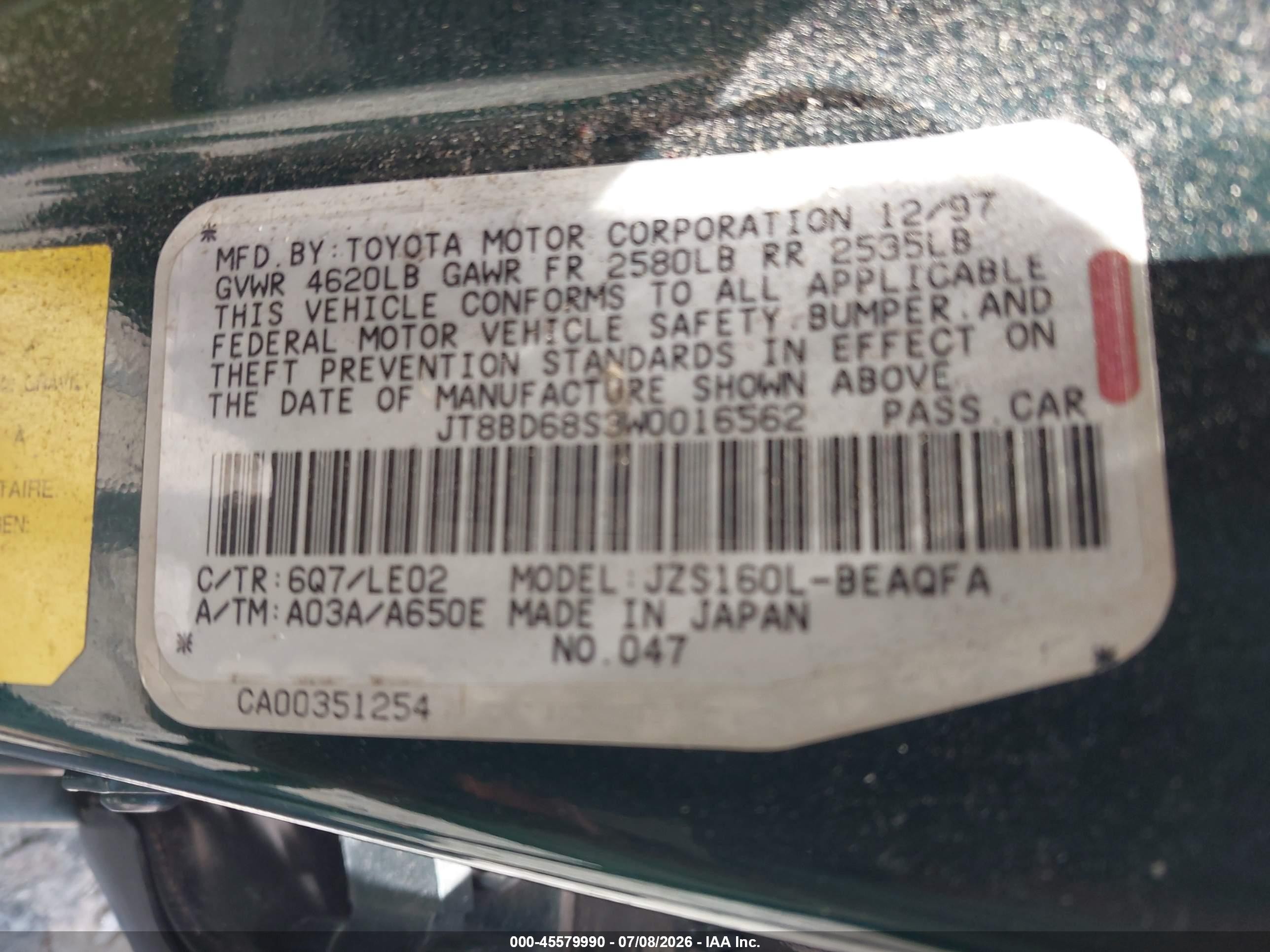 1998 Lexus Gs 300   Green vin: JT8BD68S3W0016562