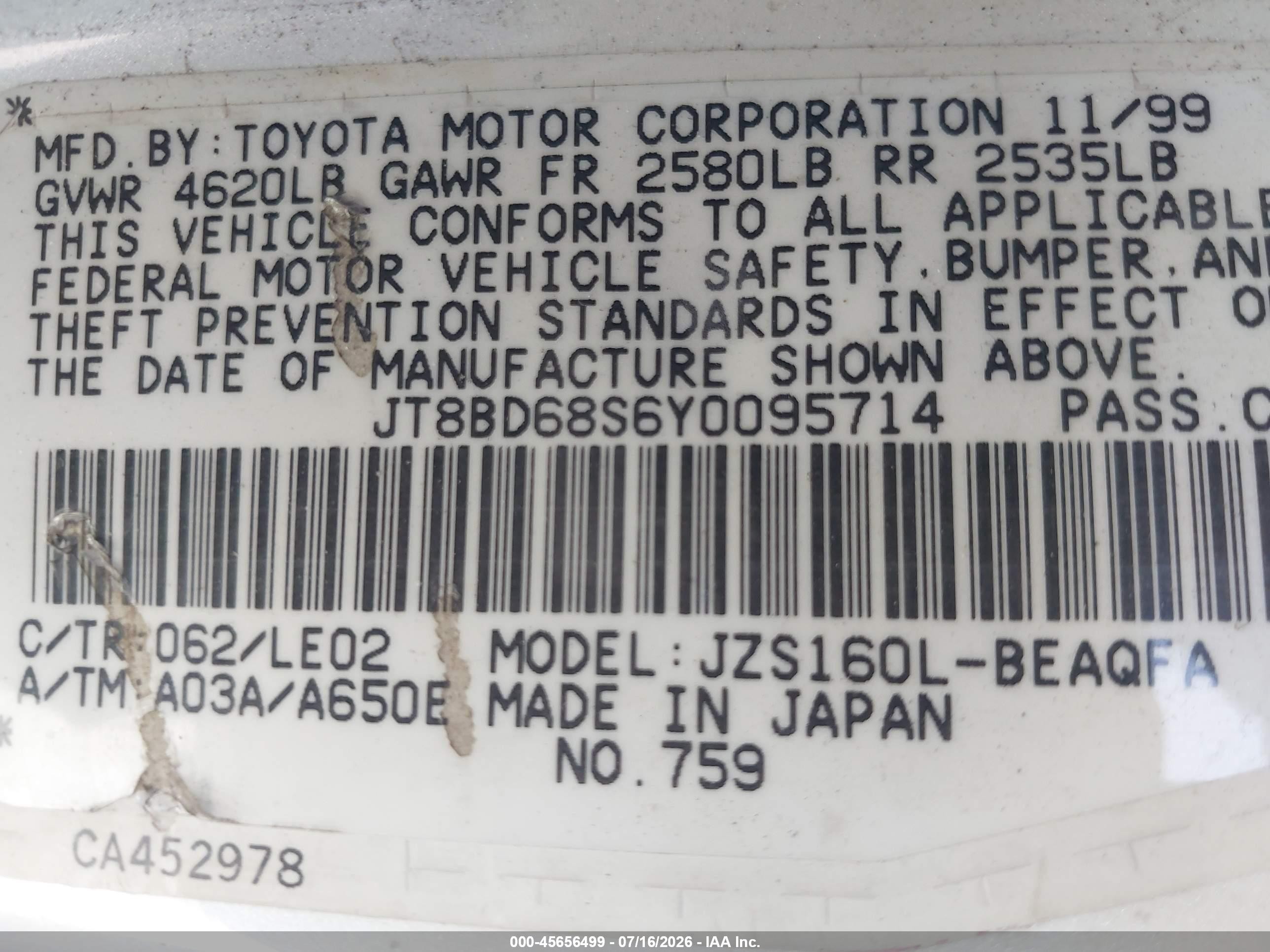 2000 Lexus Gs 300   White vin: JT8BD68S6Y0095714