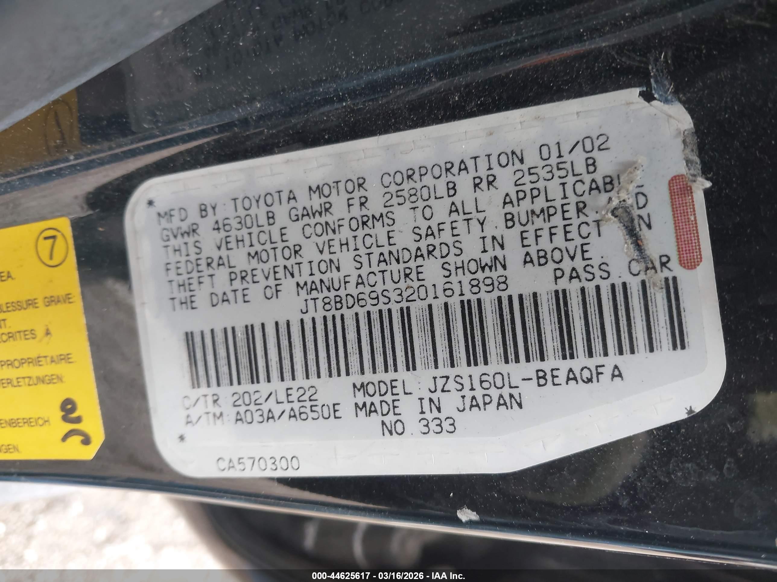 2002 Lexus Gs 300   Черный vin: JT8BD69S320161898