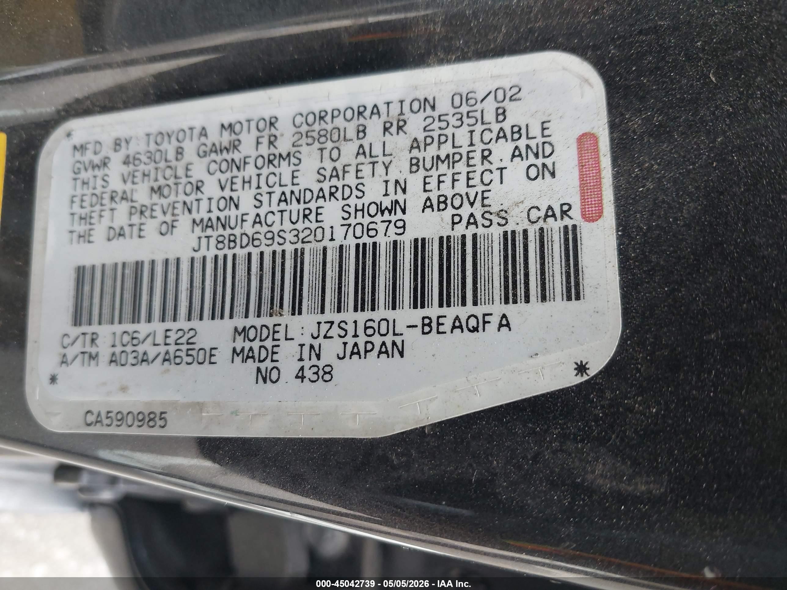 2002 Lexus Gs 300   Black vin: JT8BD69S320170679