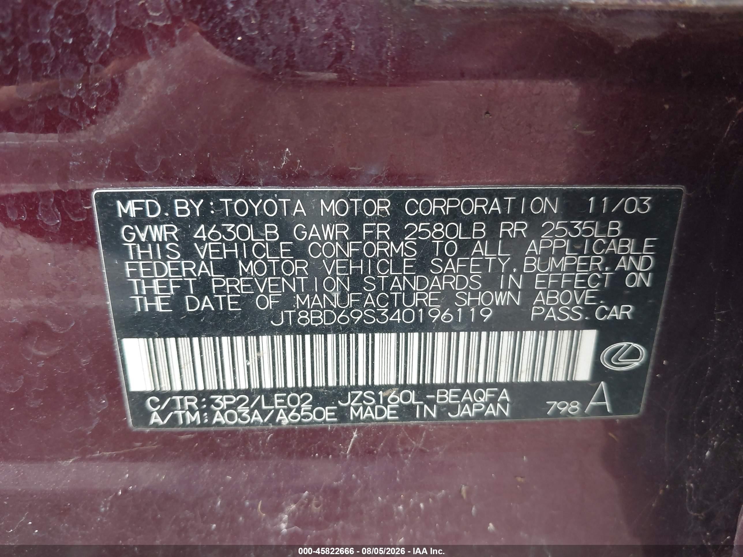 2004 Lexus Gs 300   Maroon vin: JT8BD69S340196119