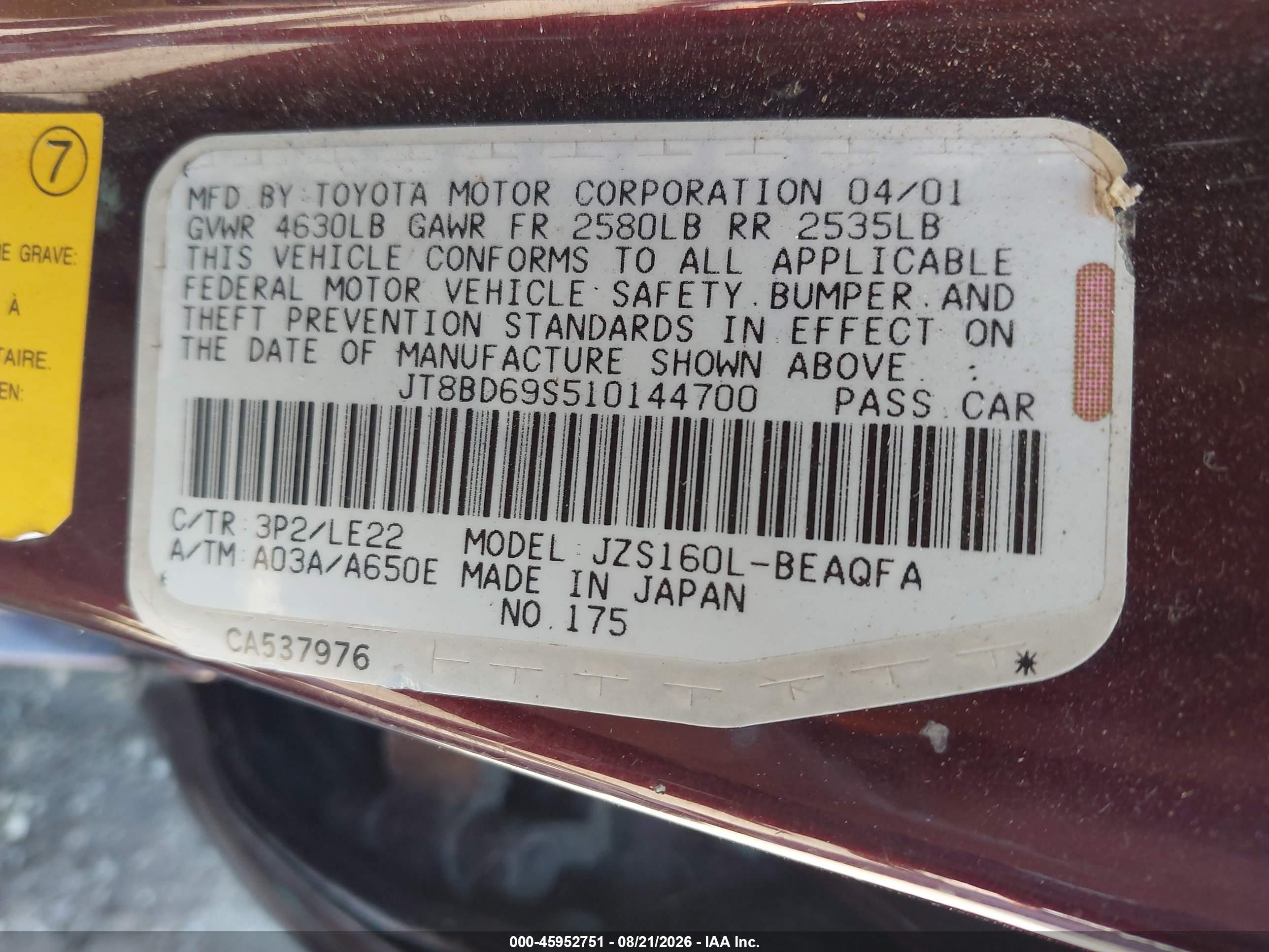 2001 Lexus Gs 300   Burgundy vin: JT8BD69S510144700