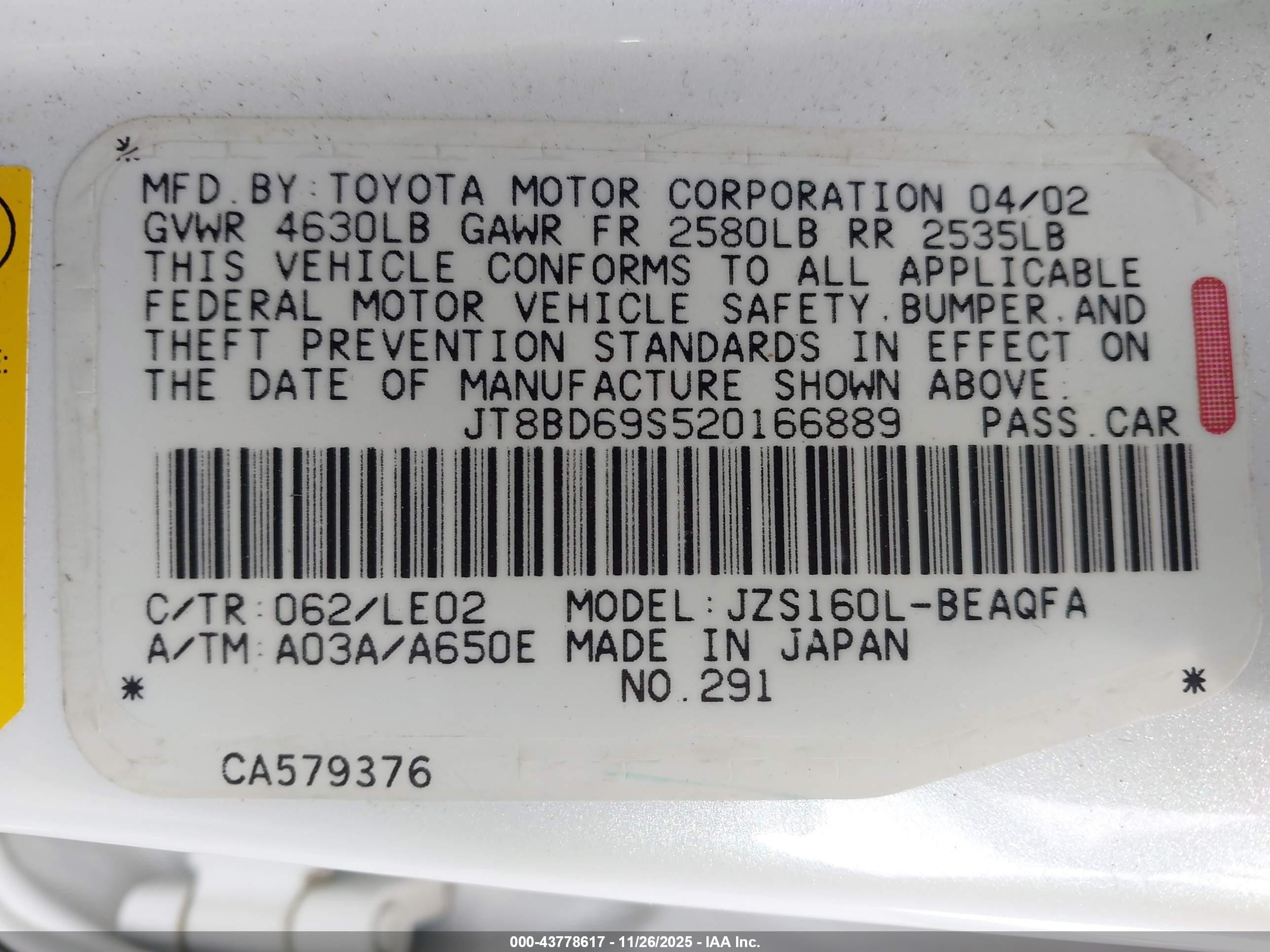 2002 Lexus Gs 300   White vin: JT8BD69S520166889