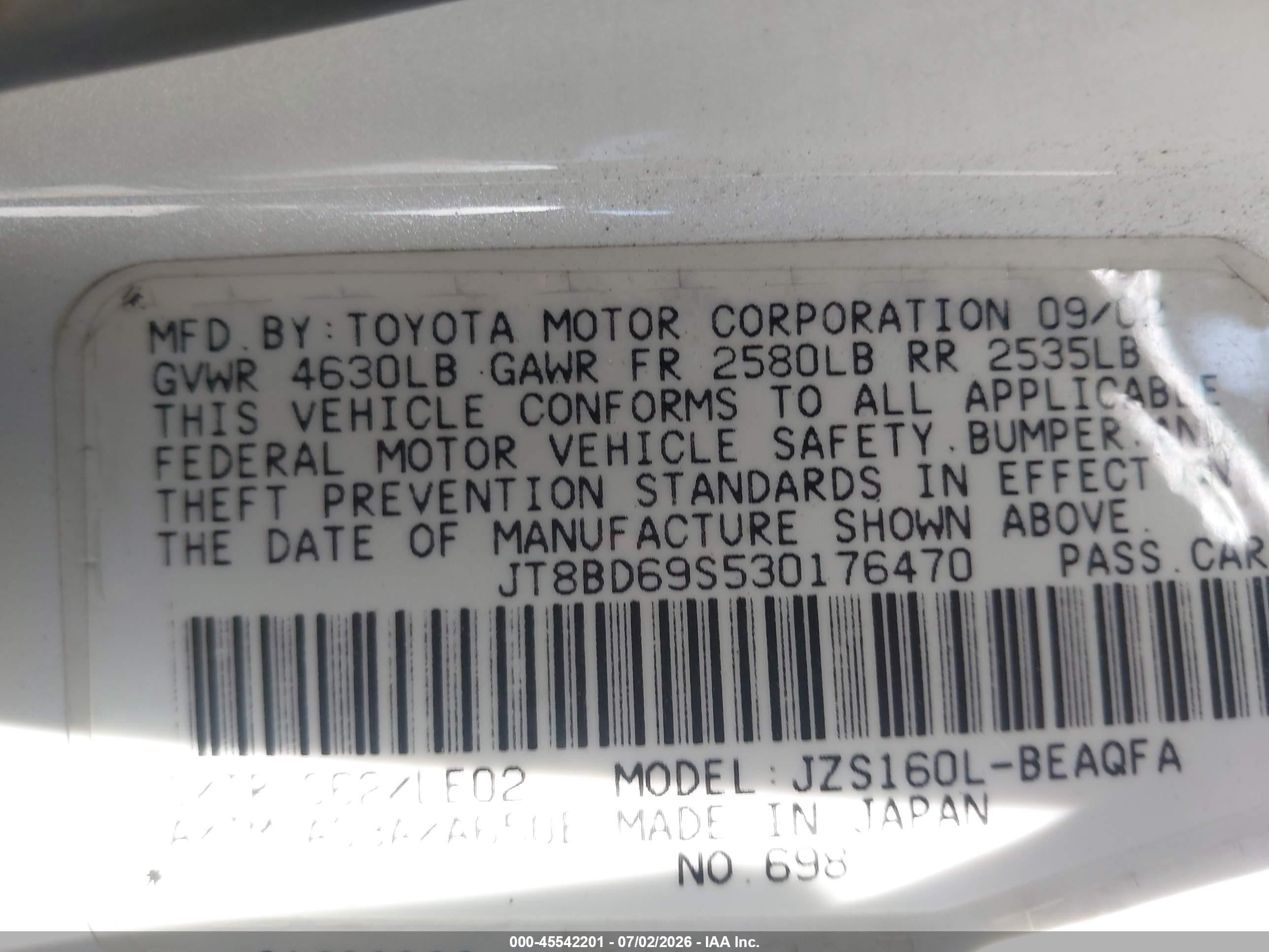 2003 Lexus Gs 300   White vin: JT8BD69S530176470