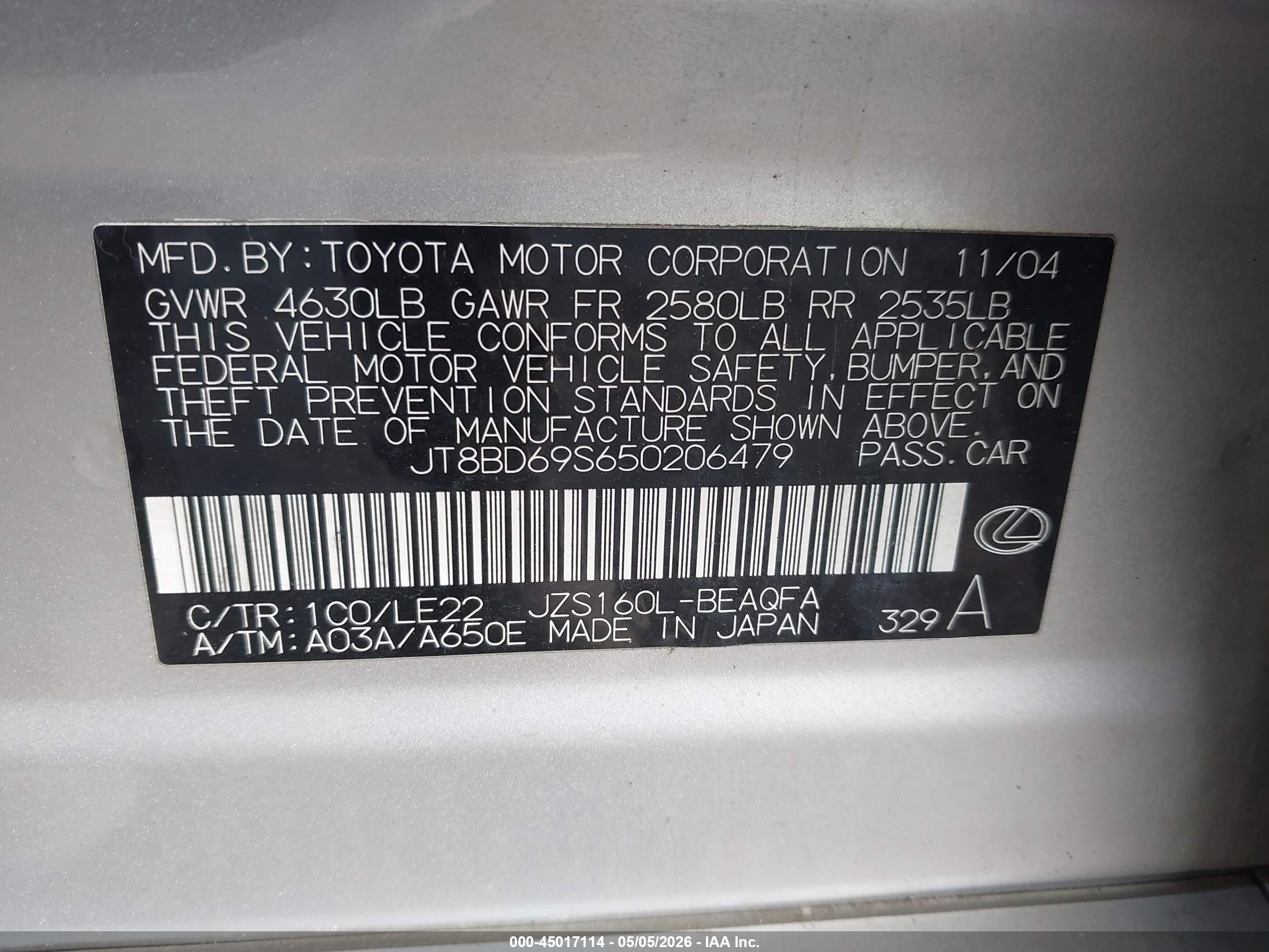 2005 Lexus Gs 300 Silver vin: JT8BD69S650206479