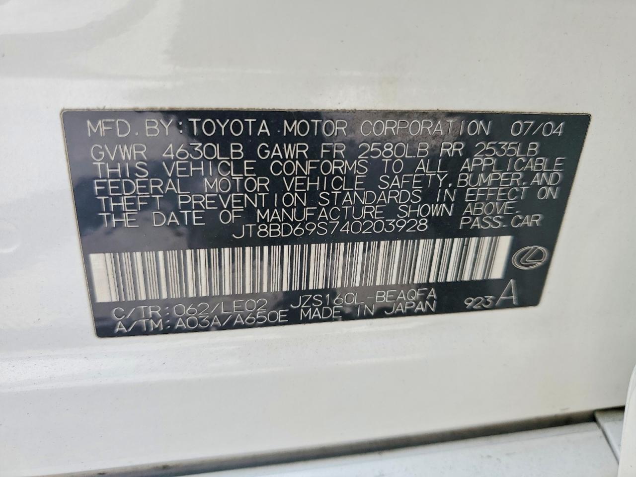 2004 Lexus Gs 300 White vin: JT8BD69S740203928