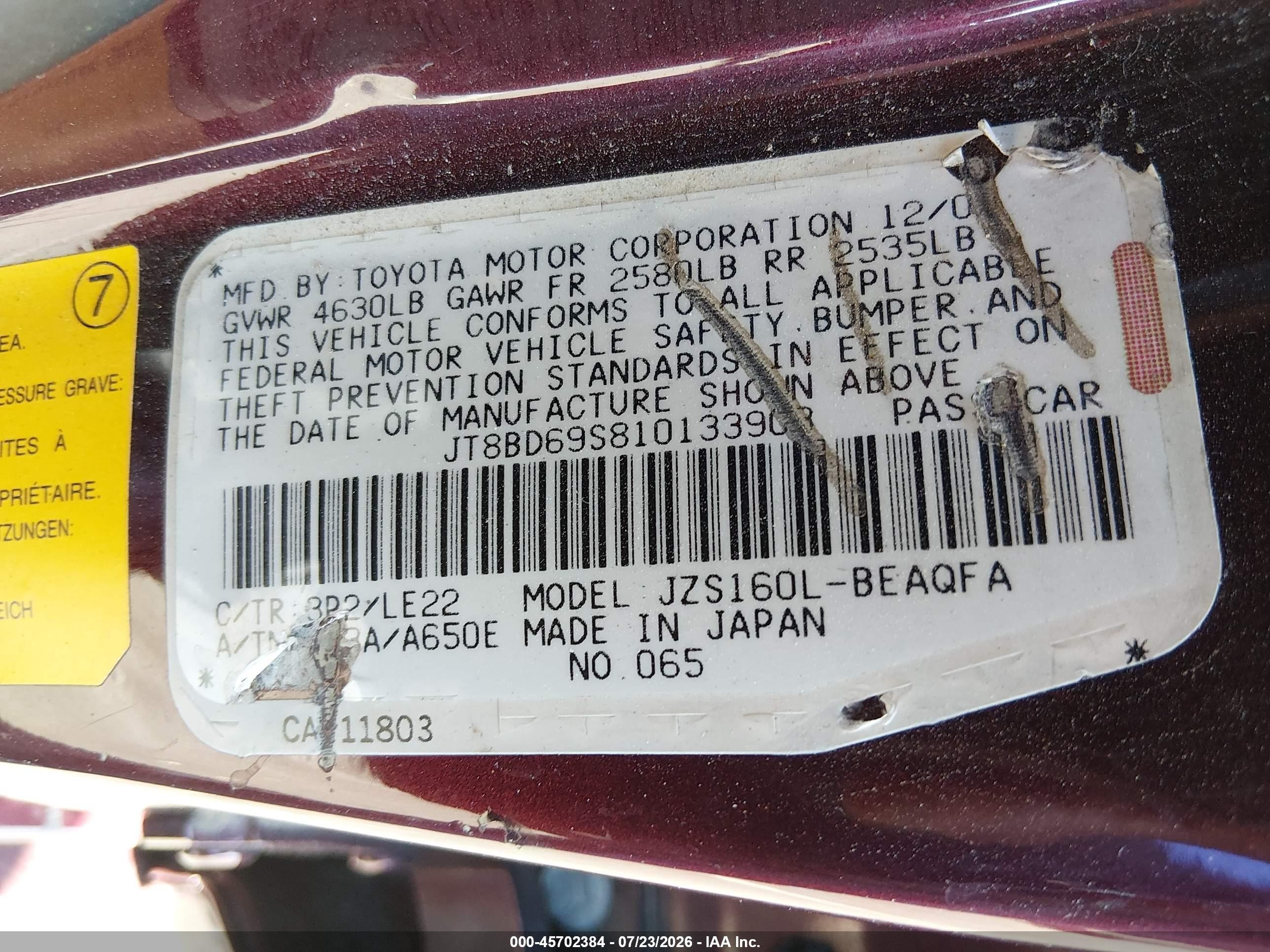 2001 Lexus Gs 300   Burgundy vin: JT8BD69S810133903