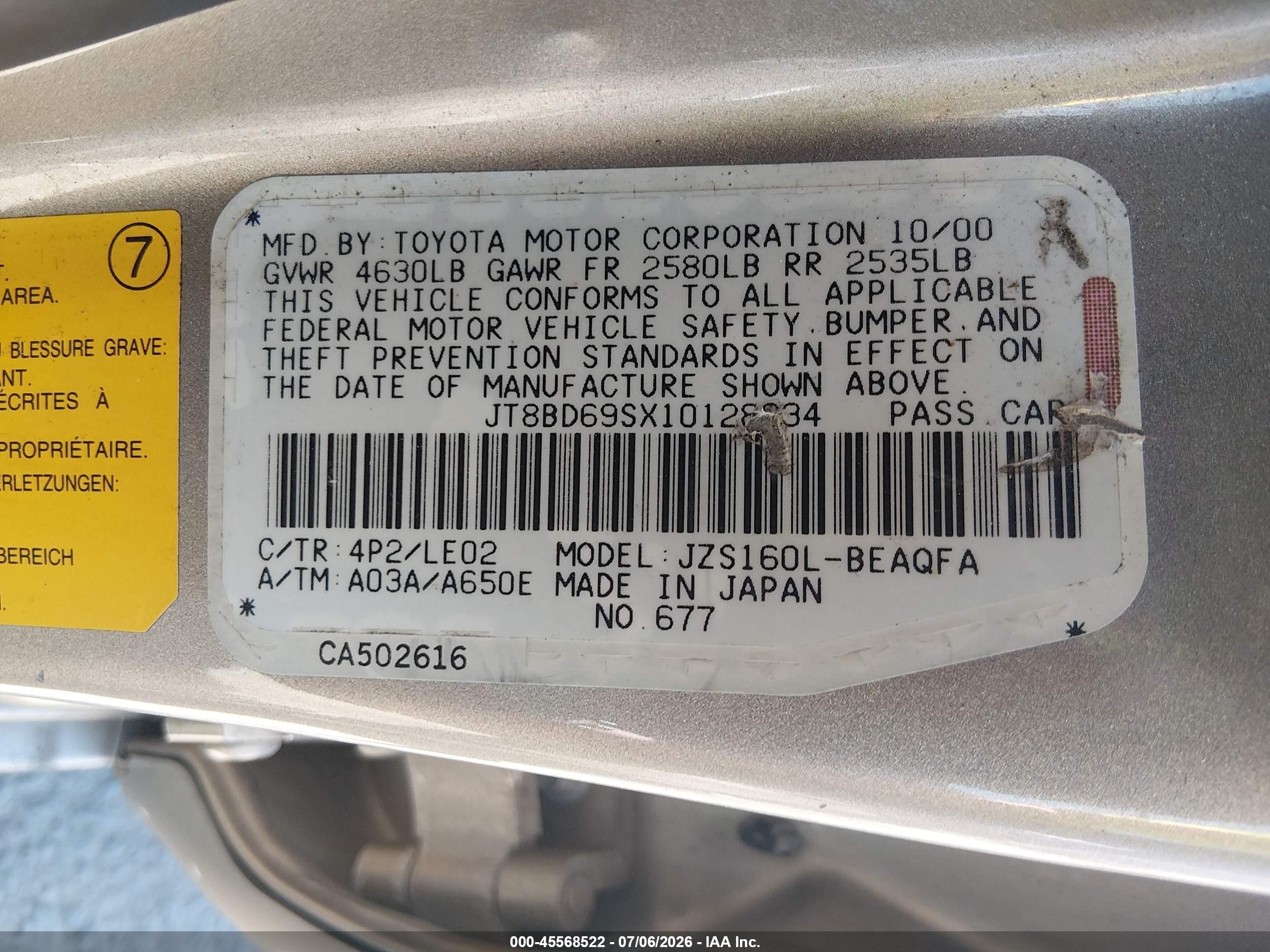 2001 Lexus Gs 300   Champagne vin: JT8BD69SX10128234