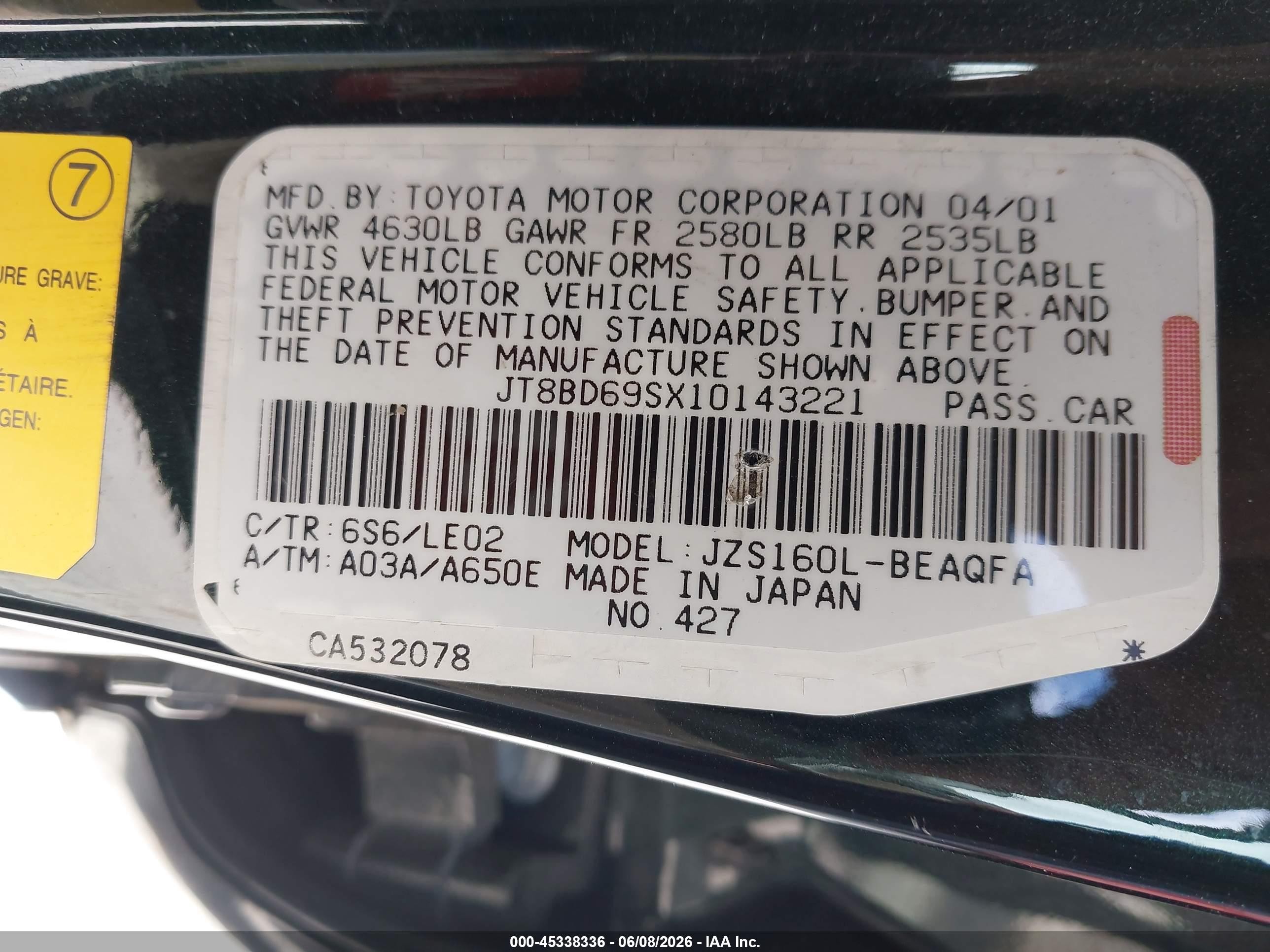 2001 Lexus Gs 300   Green vin: JT8BD69SX10143221