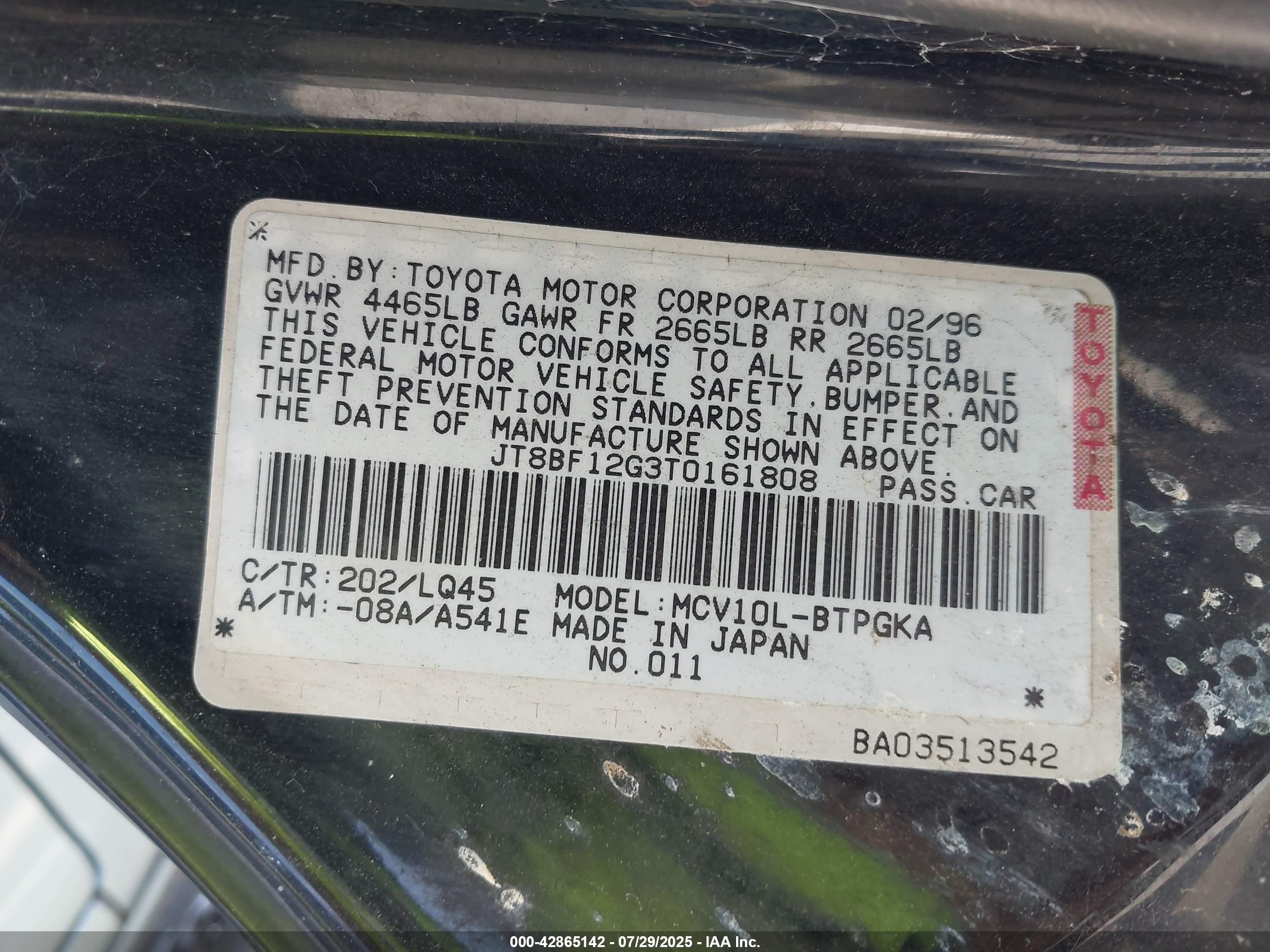 1996 Lexus Es 300 Black vin: JT8BF12G3T0161808
