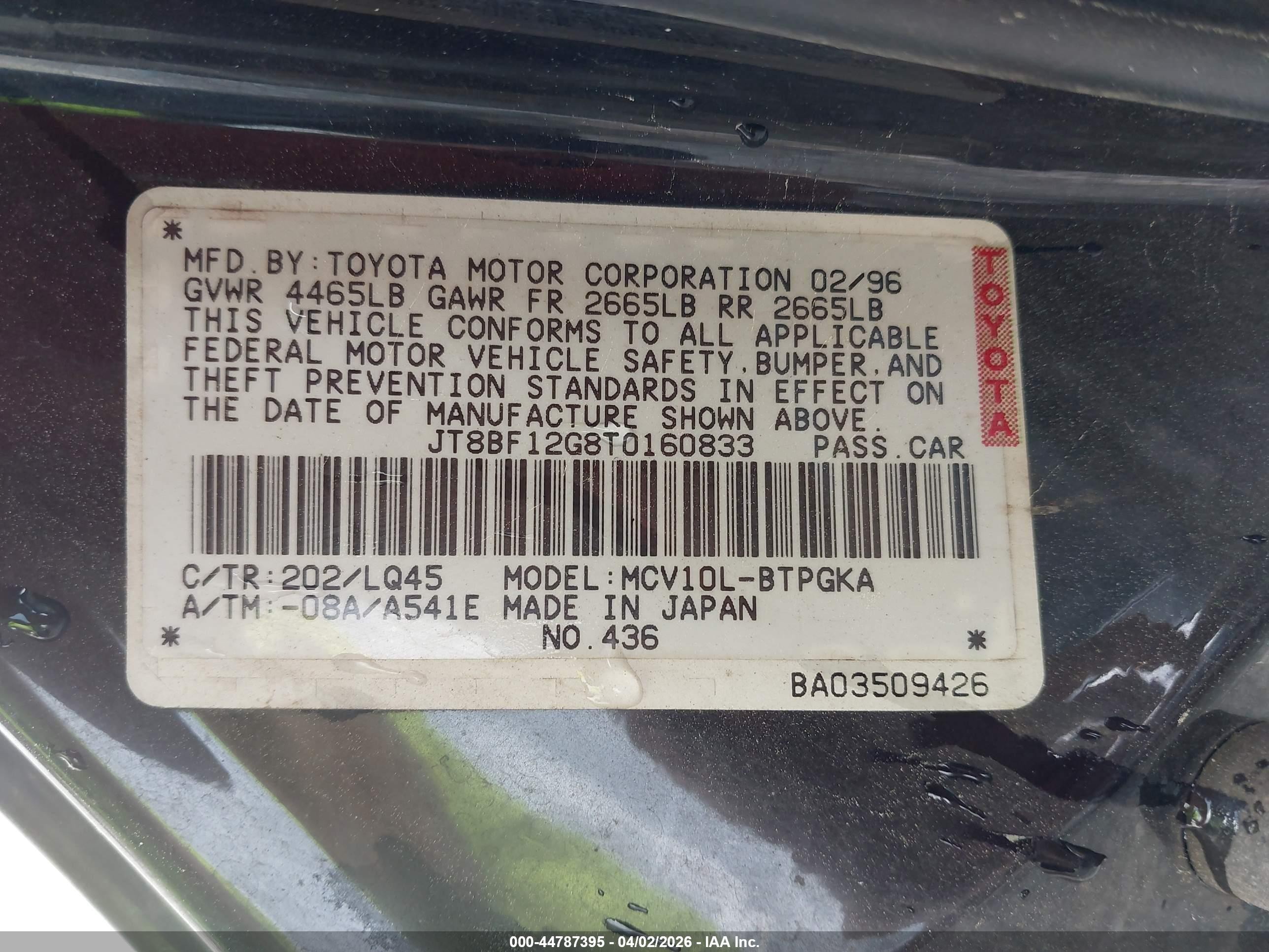 1996 Lexus Es 300 Black vin: JT8BF12G8T0160833