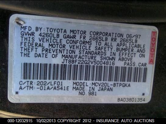 1997 Lexus Es 300 Base vin: JT8BF22G2V5004816